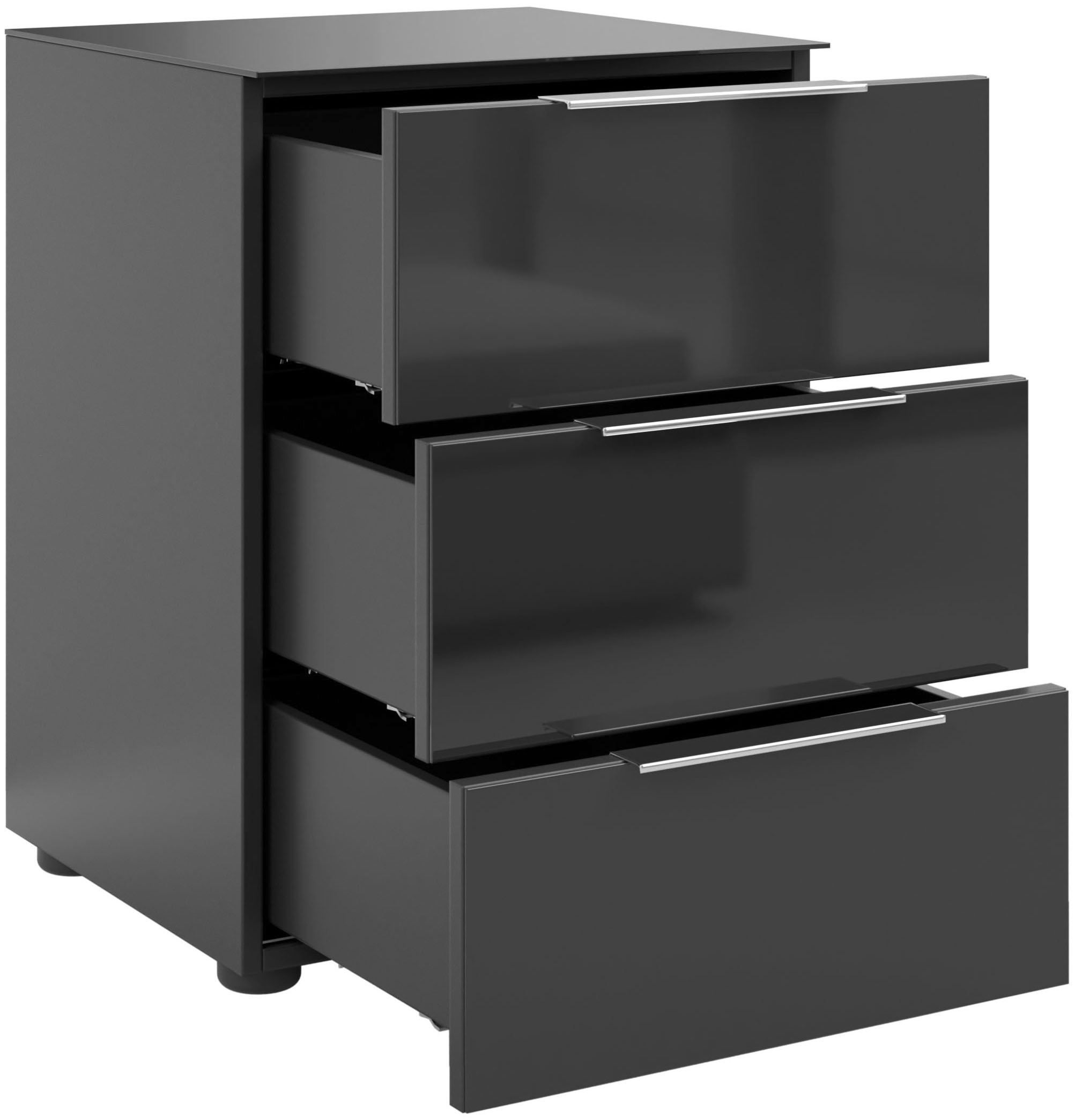 Manjana Möbel Nachtkommode »mit Chrom oder Schwarz matten Metallgriffen« mit Glasfronten, melaminbeschichtete Oberfläche, mit Vollauszug