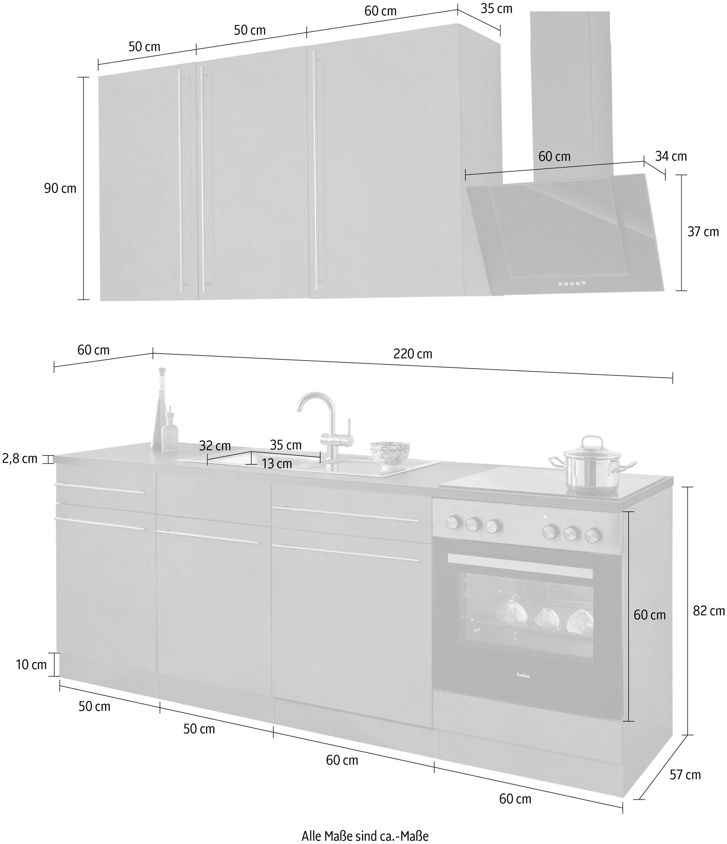 wiho Küchen Küchenzeile »Chicago«, ohne E-Geräte, Breite 220 cm