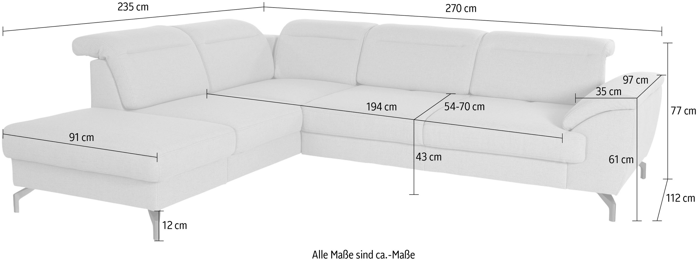 sit&more Ecksofa »Percy L-Form« 12 cm Fußhöhe, Sitztiefenverstellung, wahlweise in 2 Fußfarben