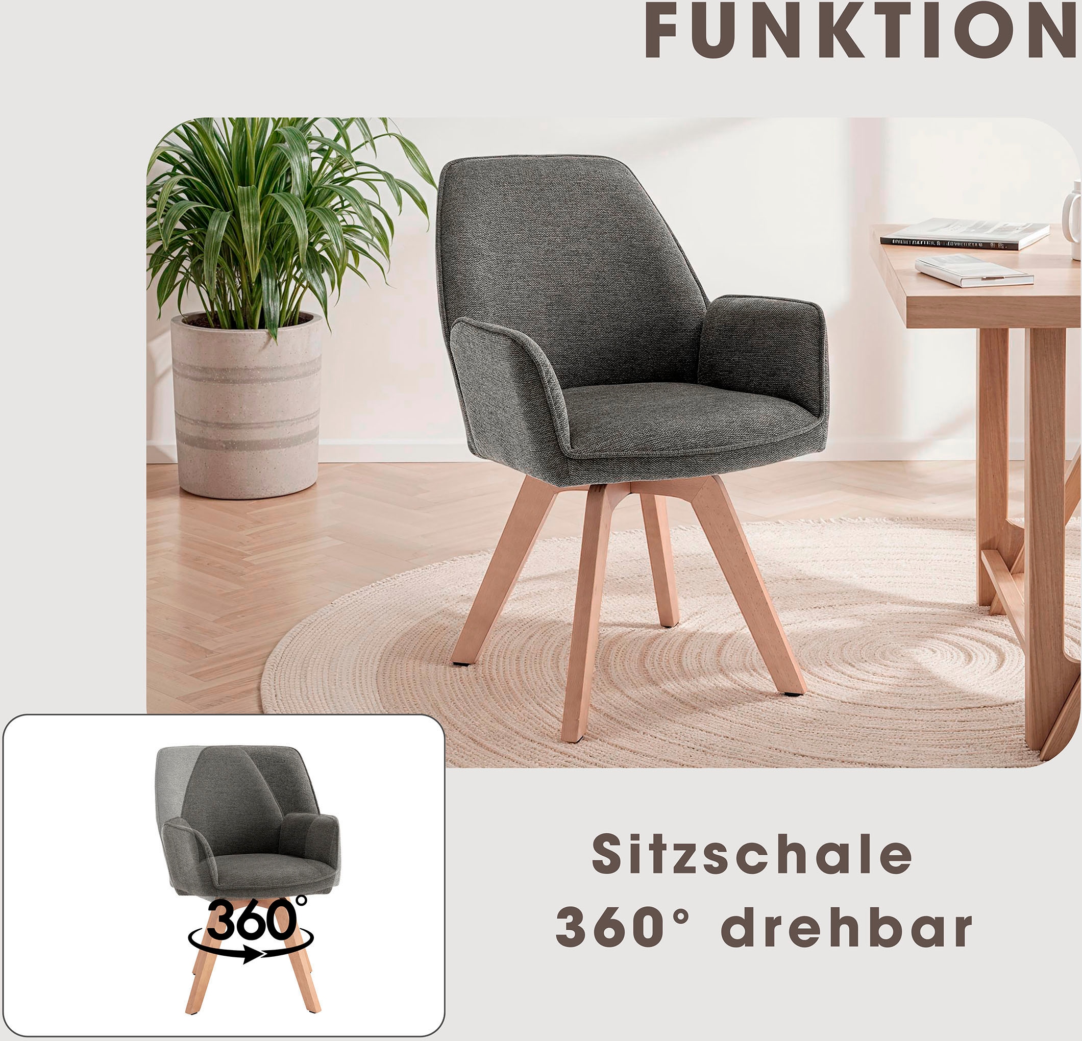 byLIVING Esszimmerstuhl »Tony« (Set) 2 Stk. Webstoff mit Massivholzgestell eichefarbig, 360 Grad drehbar, hoher Sitzkomfort