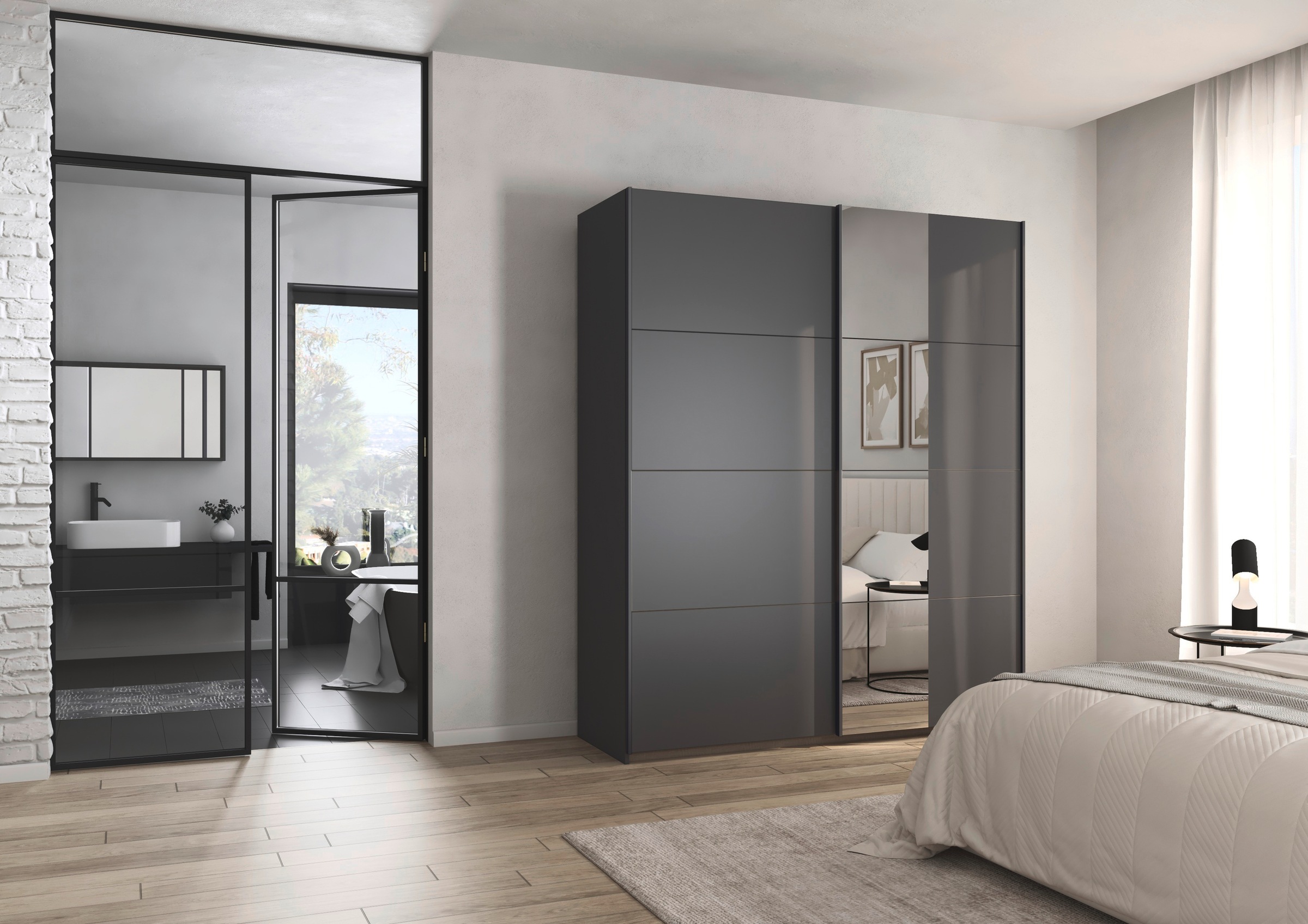 rauch Schwebetürenschrank »Kleiderschrank Schrank Garderobe Schlafzimmerschrank OXFORD«, (in 3 verschiedenen Ausstattungen BASIC/CLASSIC/PREMIUM), mit Griffleisten aus Metall, auch für kleinere Räume MADE IN GERMANY