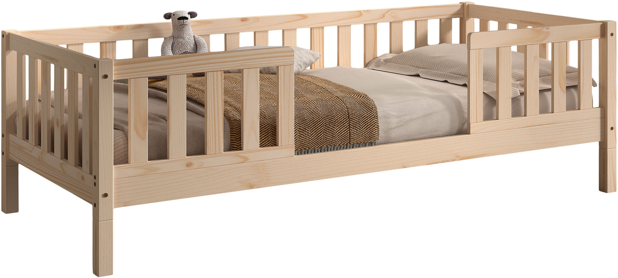 Vipack Daybett »Dallas Massiv Bett mit Rausfallschutz umbaubar vom Boden- zum Daybett« mit Bettschublade, wahlweise Kiefer massiv natur oder weiß