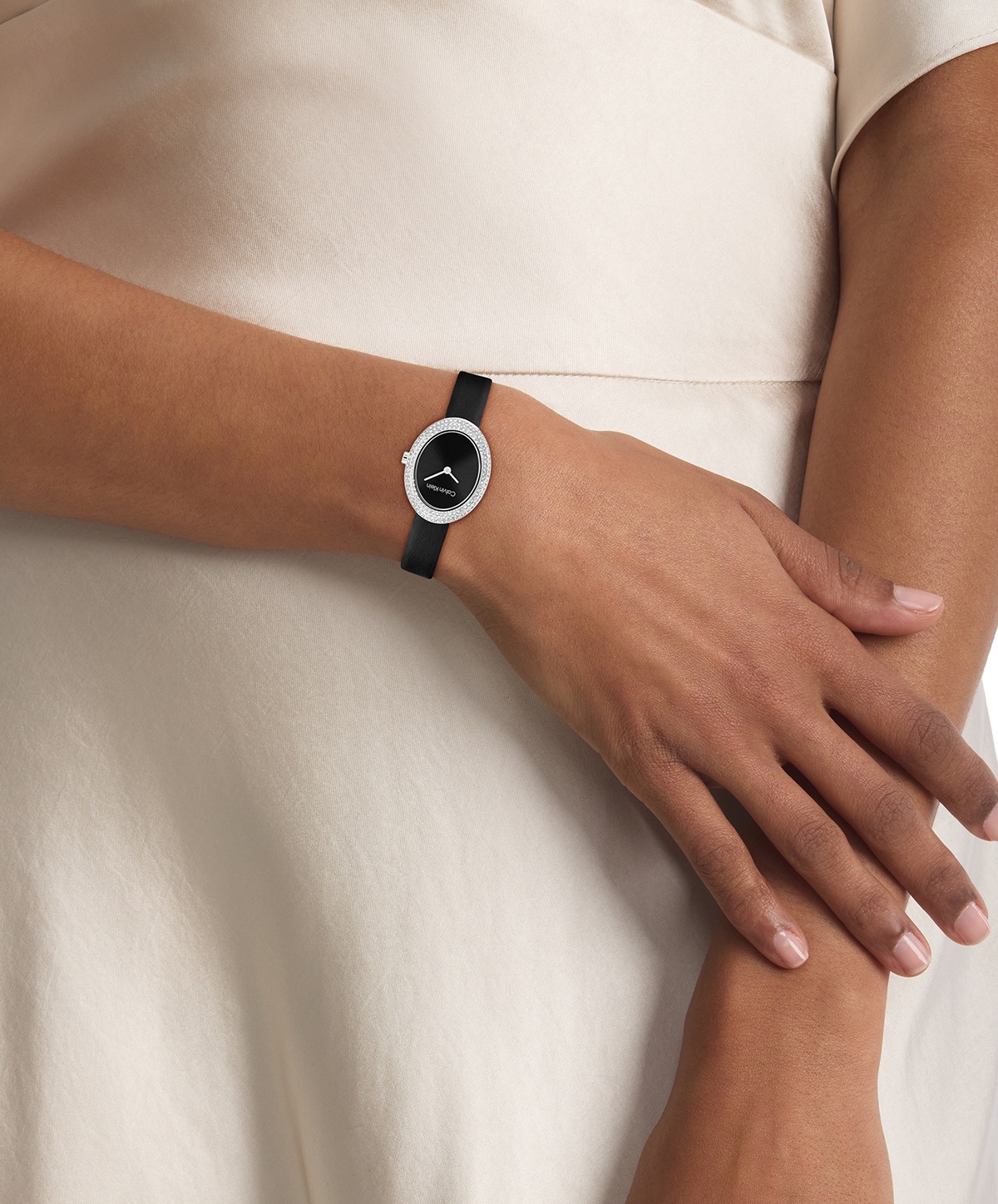 Calvin Klein Quarzuhr »TWISTED BEZEL« Armbanduhr, Damenuhr, Lederarmband, analog, Glaskristalle