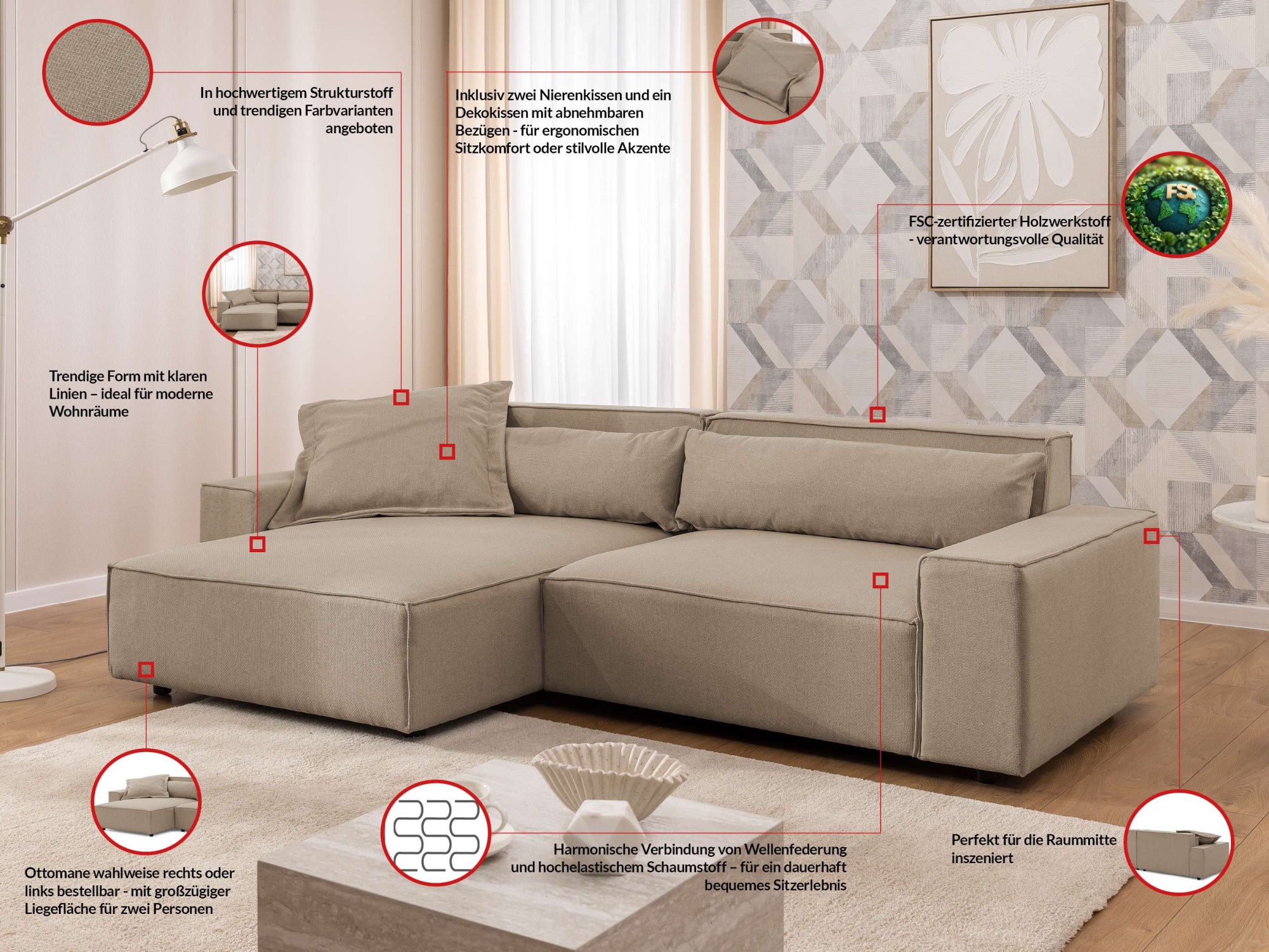 OTTO home Ecksofa »KINLEE Design-Sofa mit Recamiere rechts/links, Maße B/T/H 251/144/70cm« L-Form mit Wellenunterfederung, ohne Bettfunktion, modern und beguem