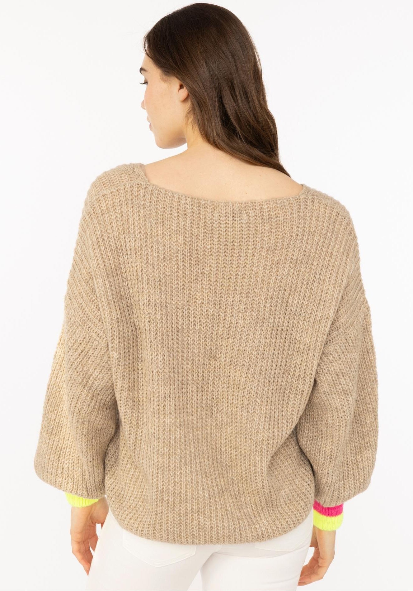 Zwillingsherz Strickpullover »"Smile"« Langarm, One Size, V-Ausschnitt, Neon-Details, Schriftzug