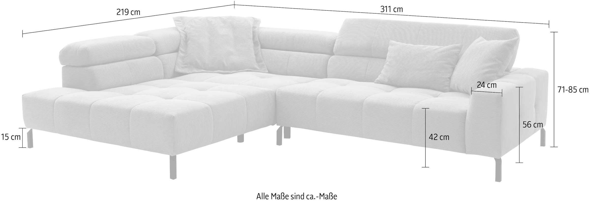 Places of Style Ecksofa »Claya, L-Form, incl. Kopfteilverstellung, Breite 311 cm«, wahlweise elektrischer Sitzvorzug