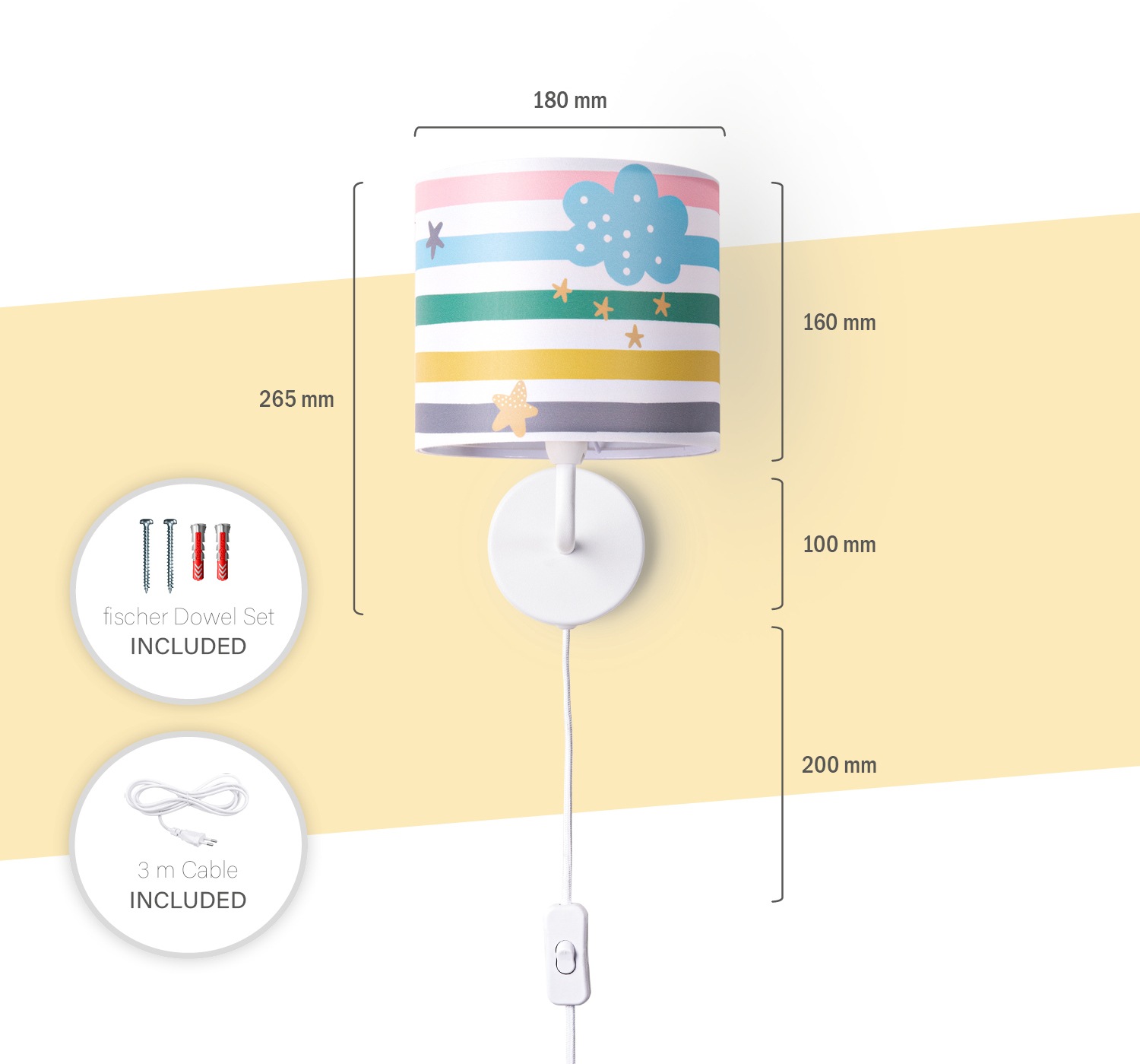 Paco Home Wandleuchte »Tweet 462«, 1 flammig, Leuchtmittel E14 | ohne Leuchtmittel, Lampe Kinderzimmer Stecker âˆ…18cm Streifen Regenbogen Bunt E14