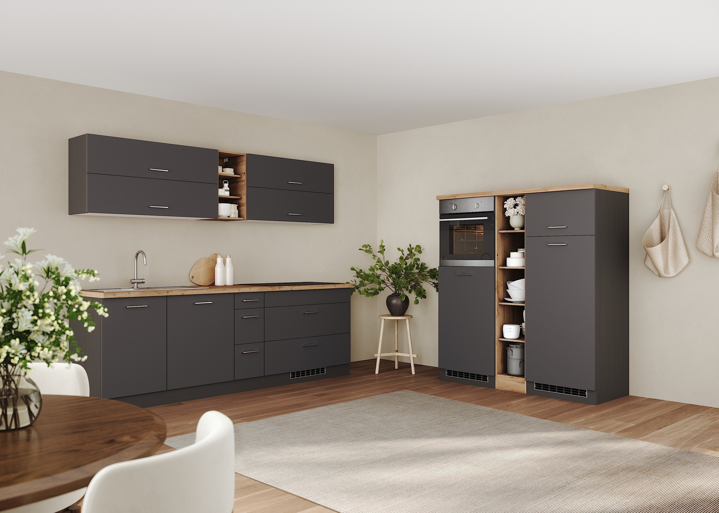 KOCHSTATION Küchenzeile »KS-Milan, optional mit Muldenlüfter« Breite 390 cm, wahlweise mit E-Geräten, Kochfeld mit Dunstabzug