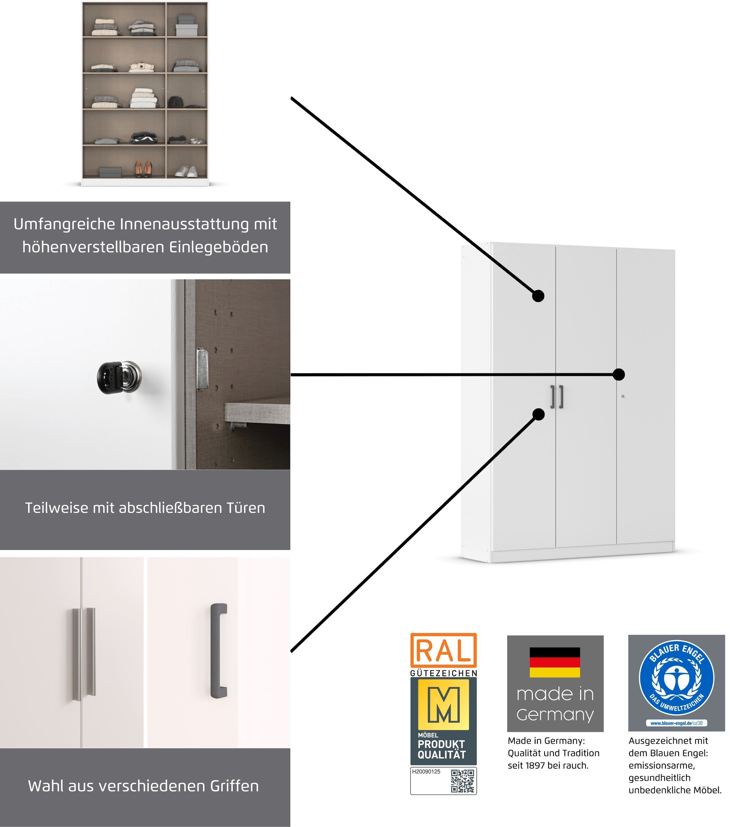 rauch Mehrzweckschrank »Garderobe Kleiderschrank Schrank Schuhschrank Putzschrank MINOSA« Breiten 47/69/91/136 cm, Höhen 197/210 cm,  In 4 Breiten mit vielen Einlegeböden für viel Stauraum MADE IN GERMANY