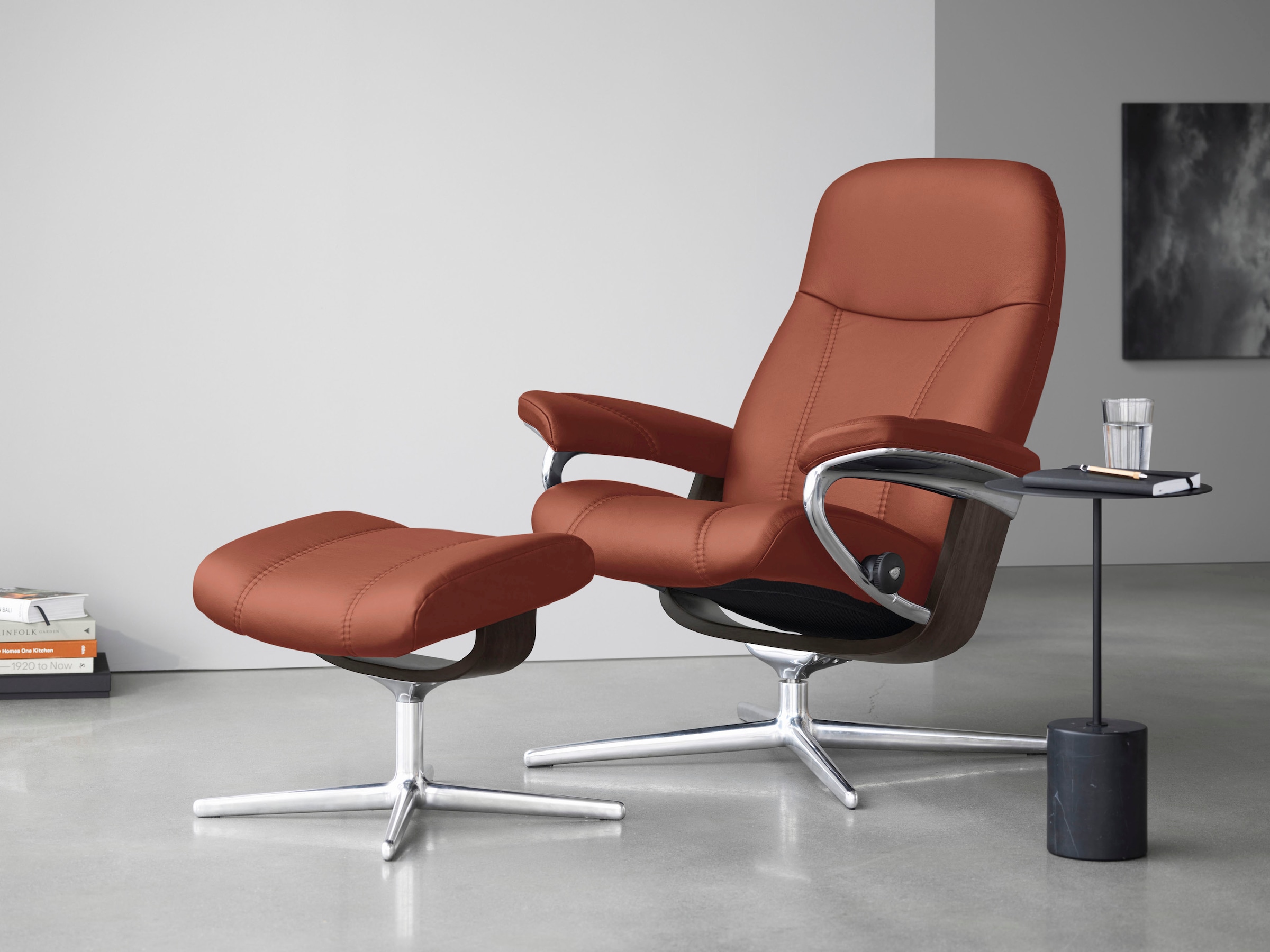 Stressless® Relaxsessel »Consul«, (Set, Relaxsessel mit Hocker), mit Hocker, mit Cross Base, Größe S, M & L, Holzakzent Wenge