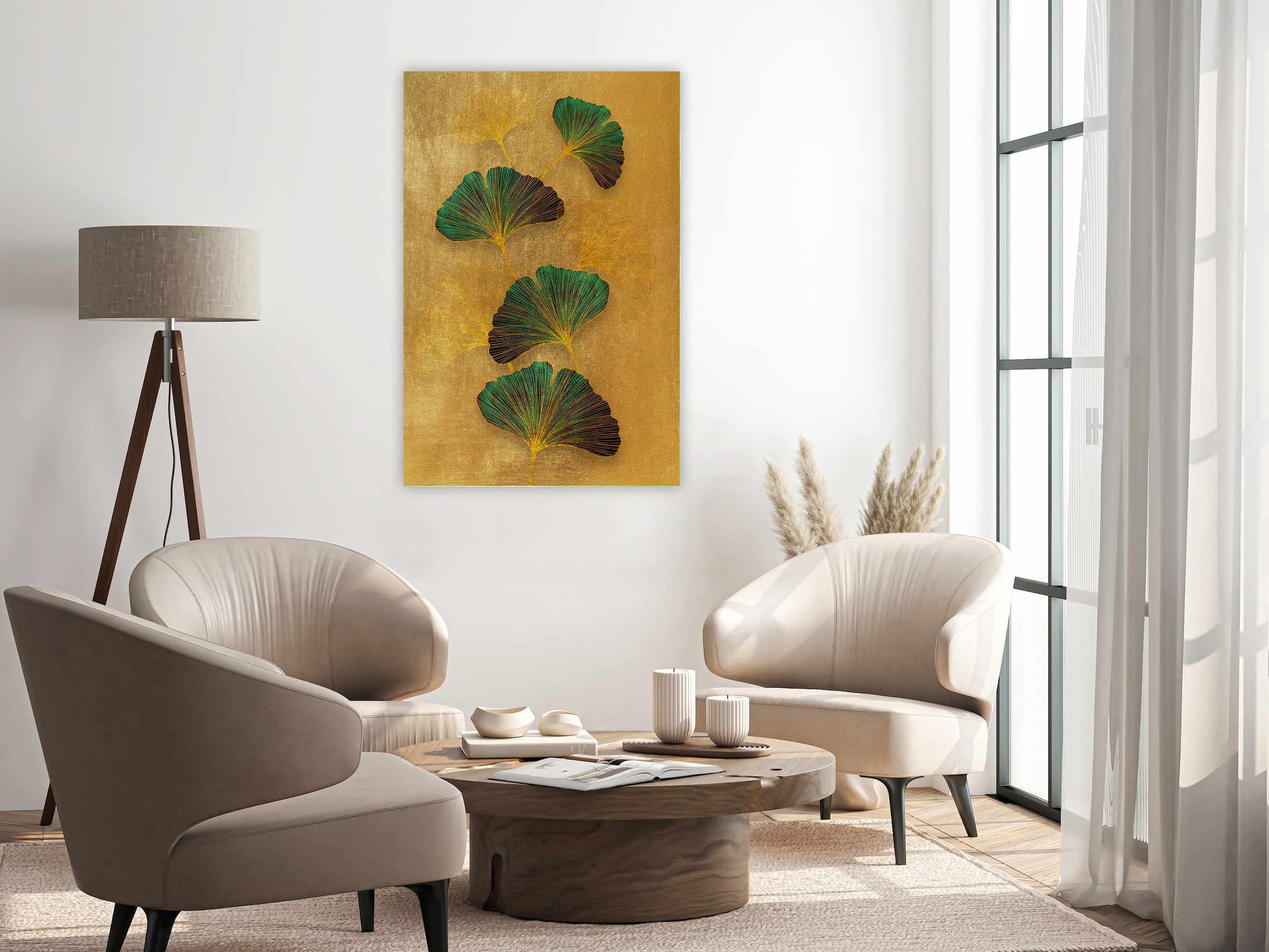 queence Leinwandbild »Gingkoblätter Gold, Canvas Bild von Hand bespannt« 1 Stk. tlg. Zeitlose Ginkgo-Motive in hellen Farben