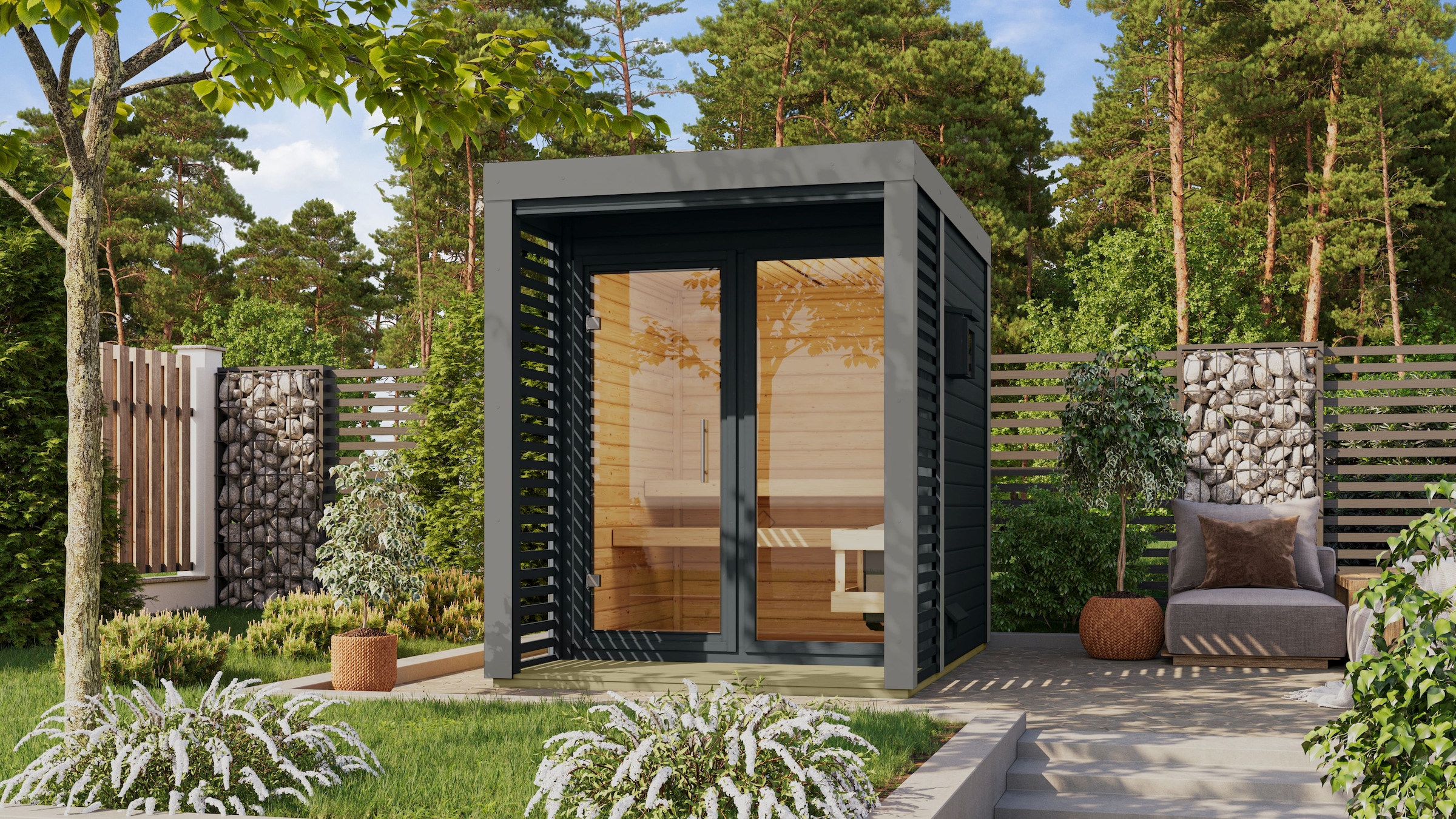 Karibu Saunahaus »"Adrian 1" anthrazit-graualuminium« Wände aus nordischer Fichte, Stahlecken und Stahl-Dachabschluss