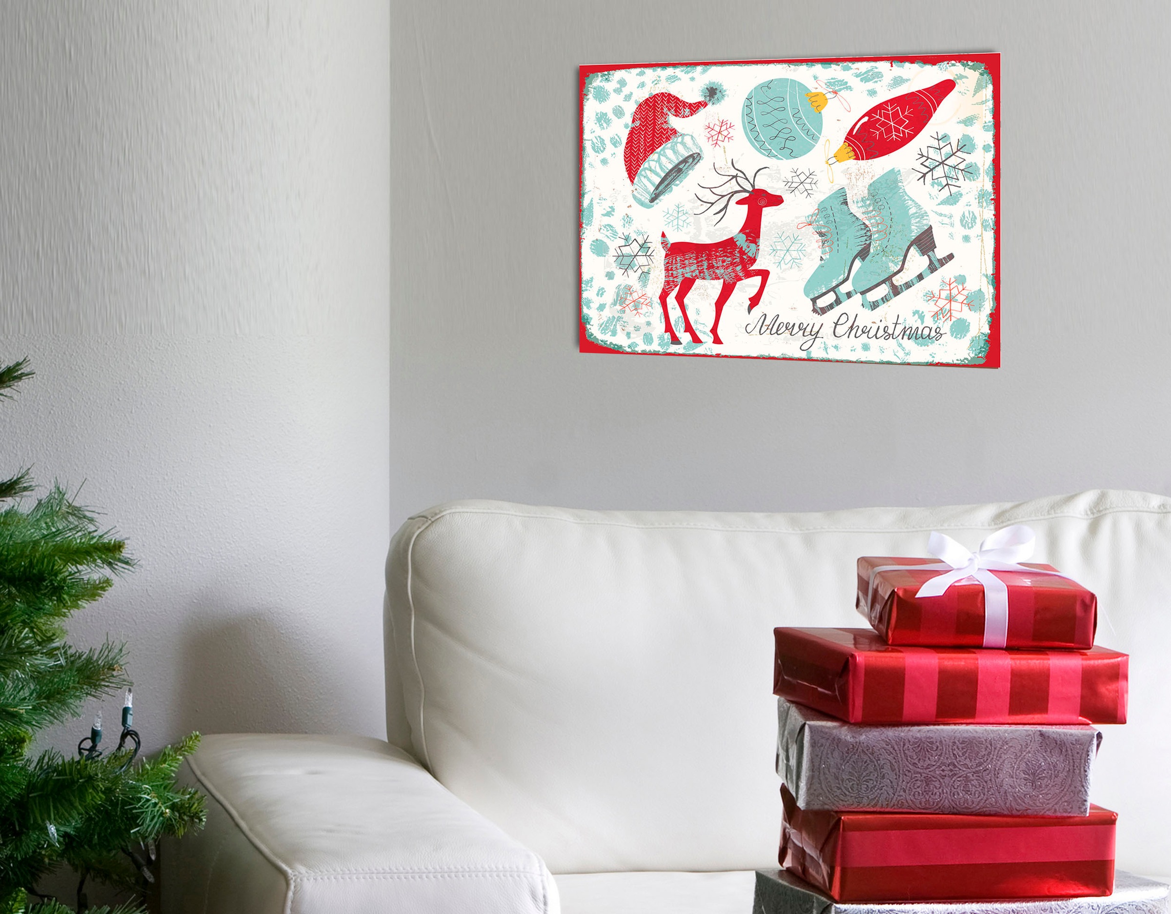 queence Metallbild »Christmas Essentials«, Weihnachten-Weihnachtsbaumkugel-Schriftzug-Schriftzüge-Hirsch, (1 St.), Stahlschild, Blechschild, Weihnachten, Wandbild, Deko