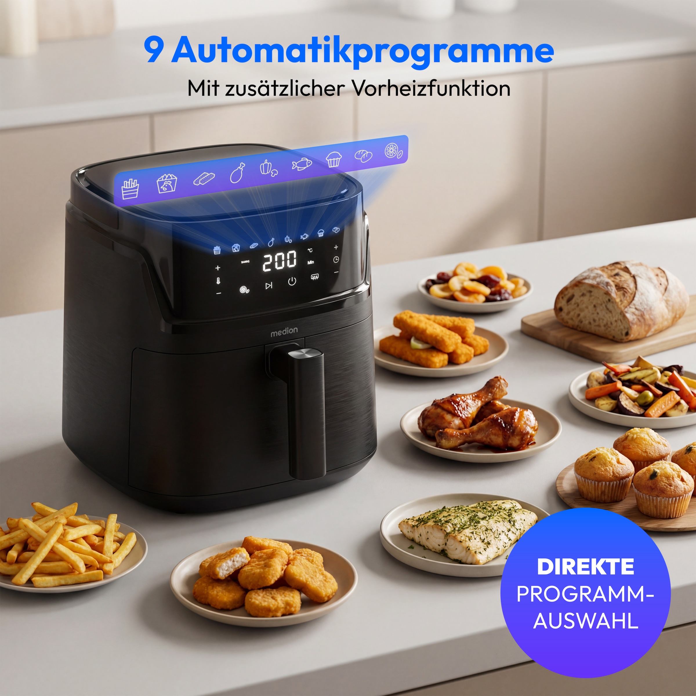 Medion® Heißluftfritteuse »MD 100056« 1650 W Großes 7,2 L Fassungsvermögen,PFAS‑frei