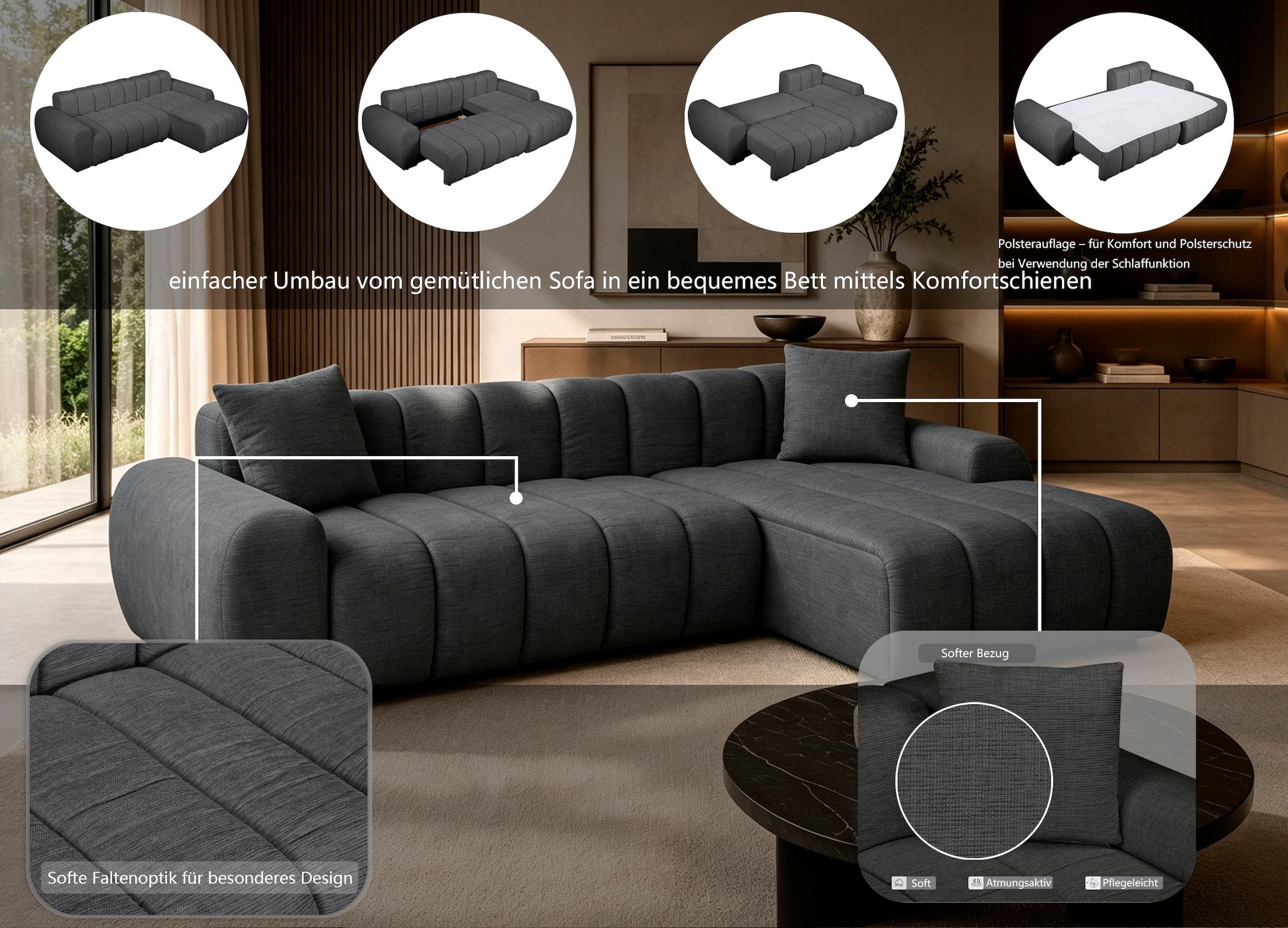 OTTO home Ecksofa »LAURRENT Feinstruktur L-Form, 246 cm« Schlaffunktion (123/191cm), Bettkasten, Taschenfederkern und Topper