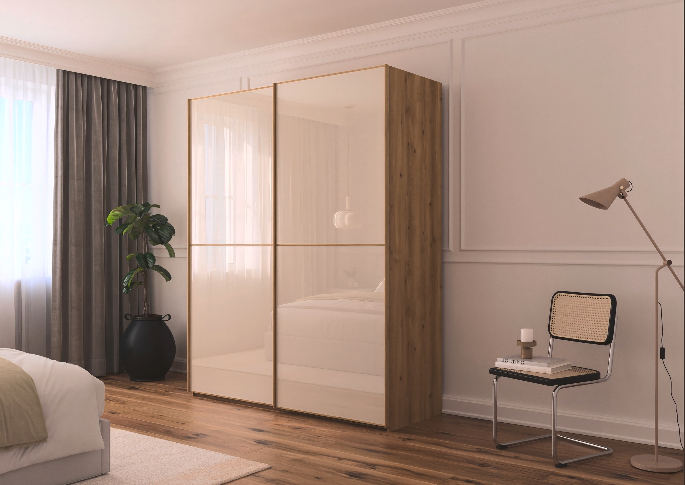 rauch Schwebetürenschrank »Kleiderschrank Schrank Garderobe Schlafzimmerschrank SCALE-DUO« edle zweigeteilte Türen Glas-Front mit 3 Zierleisten MADE IN GERMANY