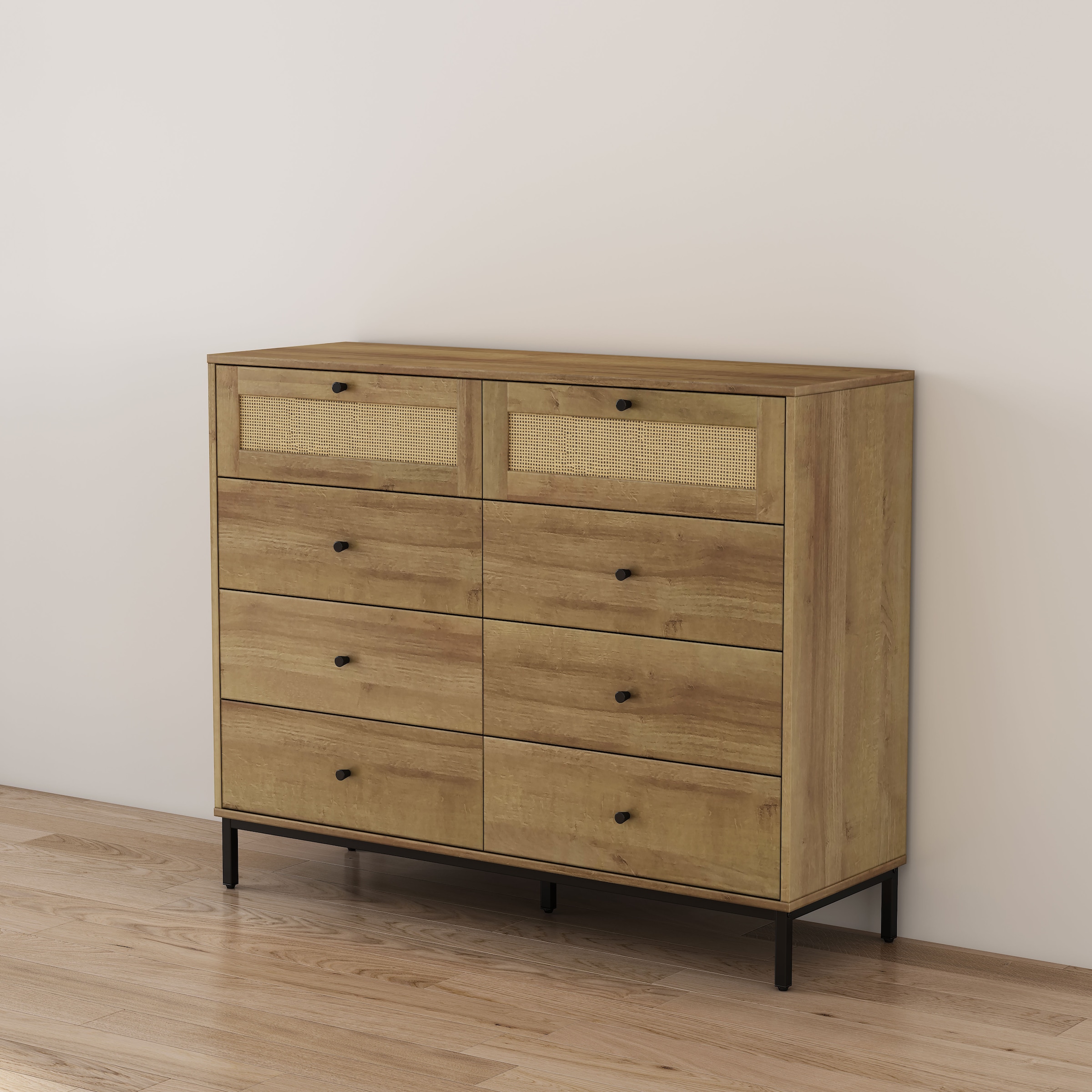 OTTO home Kombikommode »Motala Wäsche Schrank mit 8 Schubladen Sideboard BOHO Design« Eichen-Design mit schwarzen Griffen und Geflecht Schubladen,  Kommode Schrank Wäscheschrank mit 8 Schubladen
