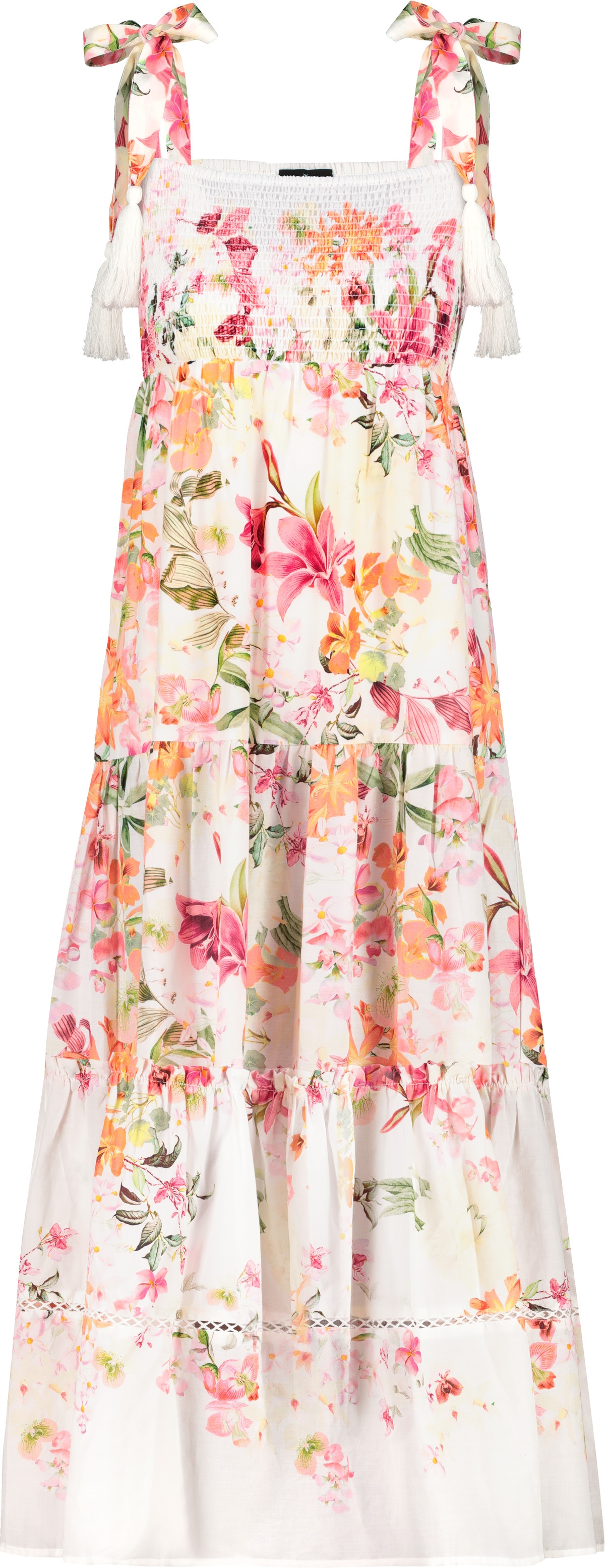 Monari Maxikleid »Kleid Blumenverlauf allov.«, mit gesmoktem Oberteil und Träger zum Binden