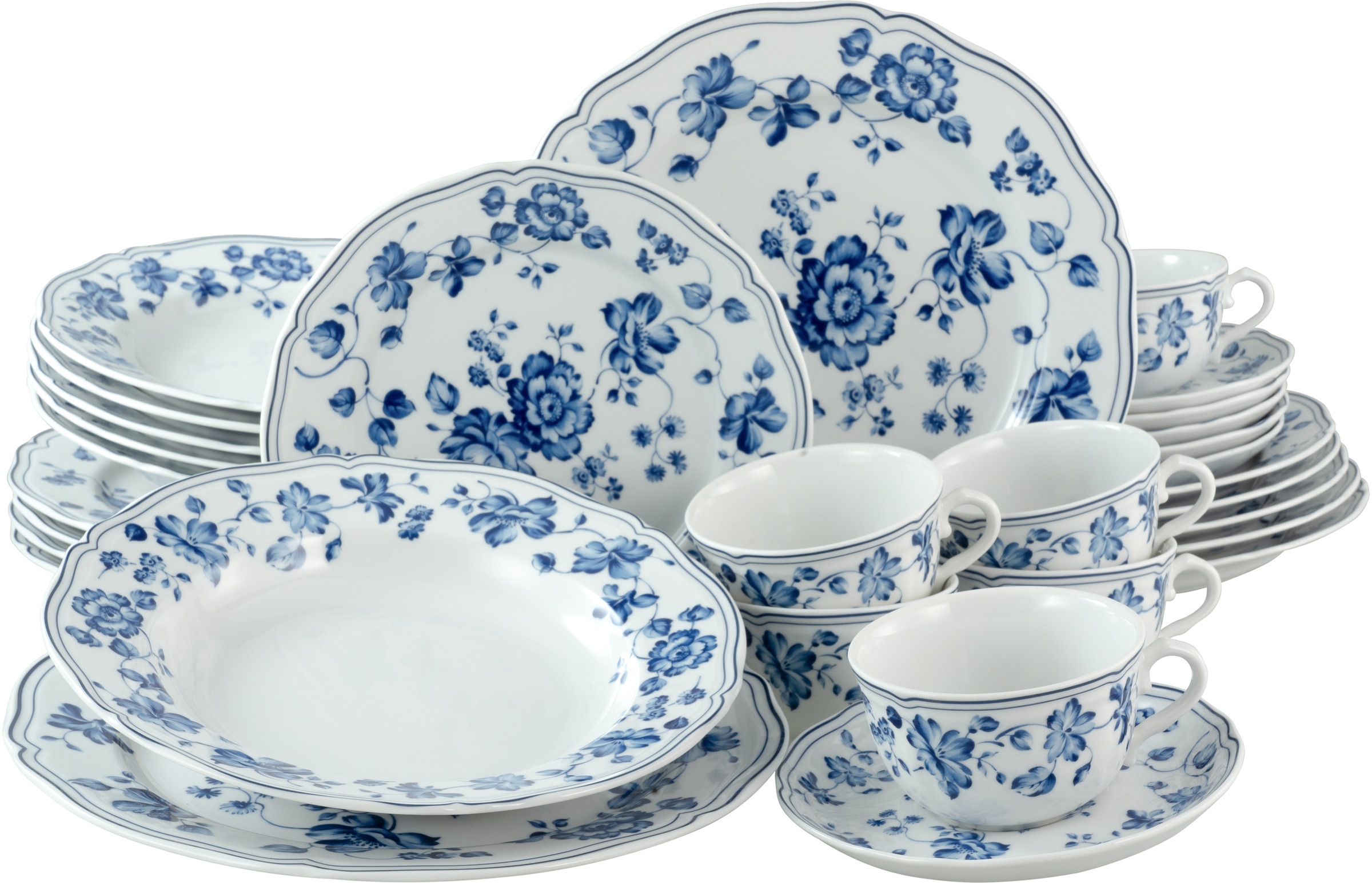 CreaTable Kombiservice »ROYAL BLUE FLOWER«, (Set, 30 tlg., 6 Speiseteller 26 cm 6 Suppenteller 22,5 cm 6 Dessertteller 21 cm 6 Obertassen 20 cl 6 Untertassen 15 cm), blaue Rosenmotive in oppulenter Anlage