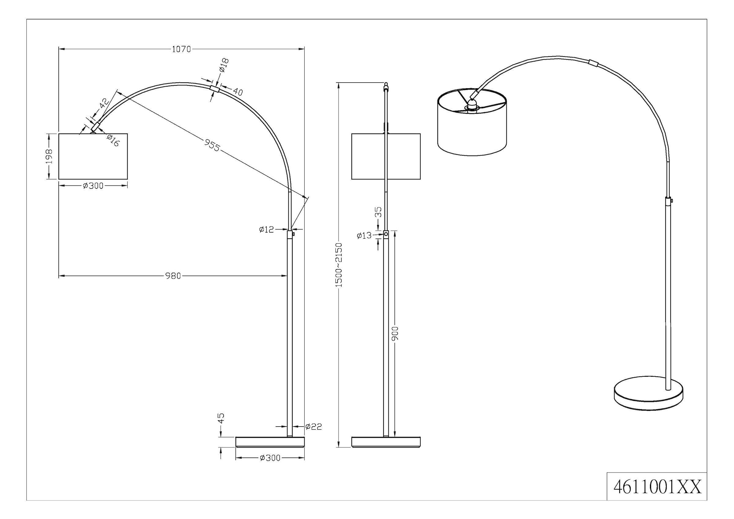 TRIO Leuchten Bogenlampe »Hotel«, 1 flammig, Leuchtmittel E27 | ohne Leuchtmittel, Fussschalter,Höhenverstellbar,Leuchtmittel tauschbar