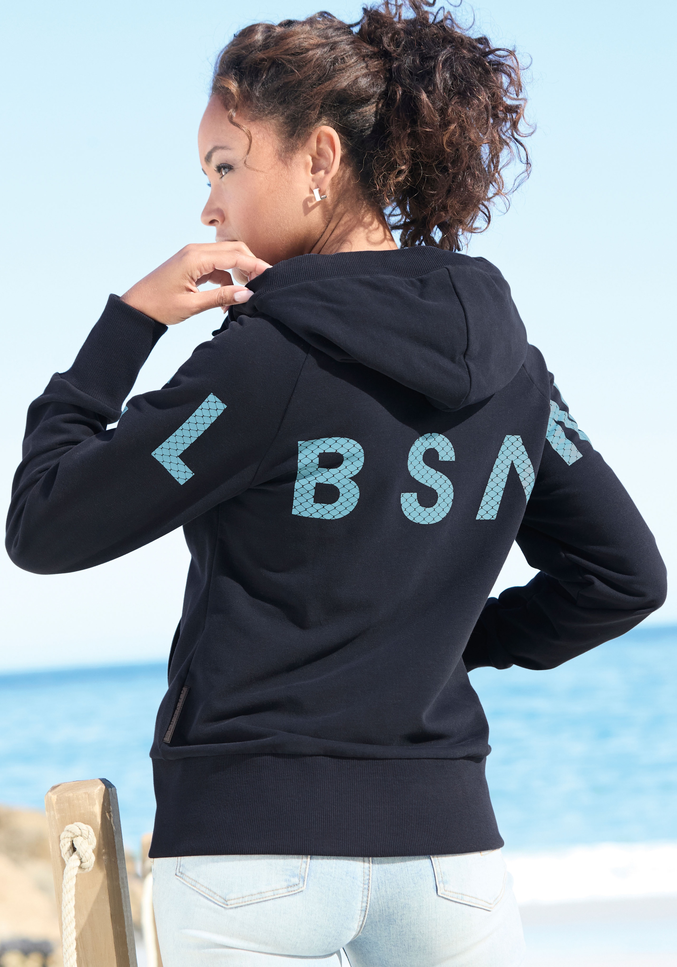 Elbsand Kapuzensweatjacke mit großem Logodruck hinten, bequeme Freizeitjacke mit Taschen