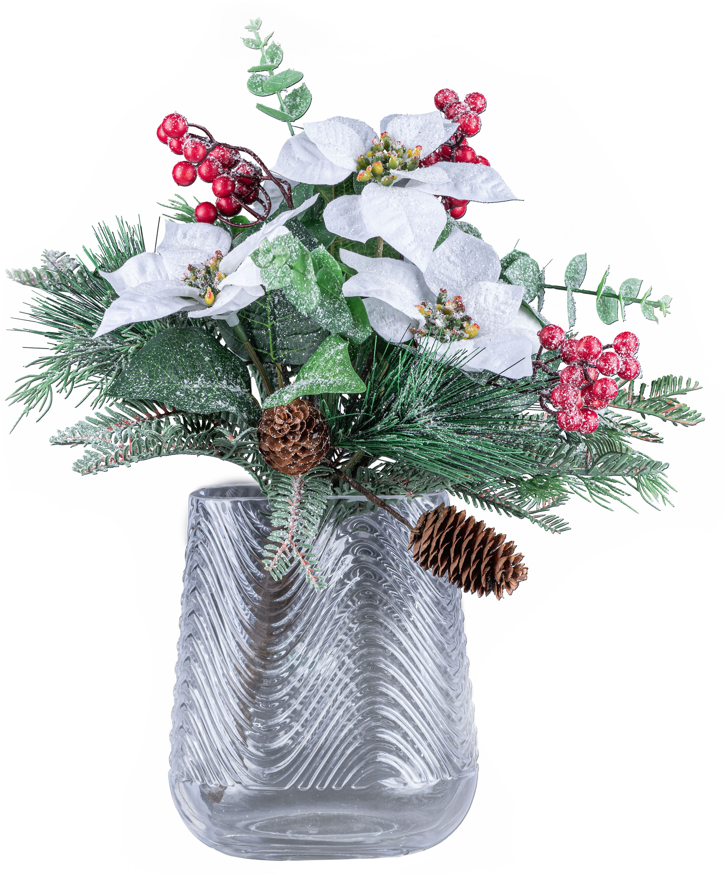 Creativ deco Dekovase »Weihnachtsdeko«, (Set, 2 St., 1 Vase, 1 Bouquet),  mit Poinsettien-Mix-Bouquet in beschneiter Optik kaufen im OTTO Online Shop