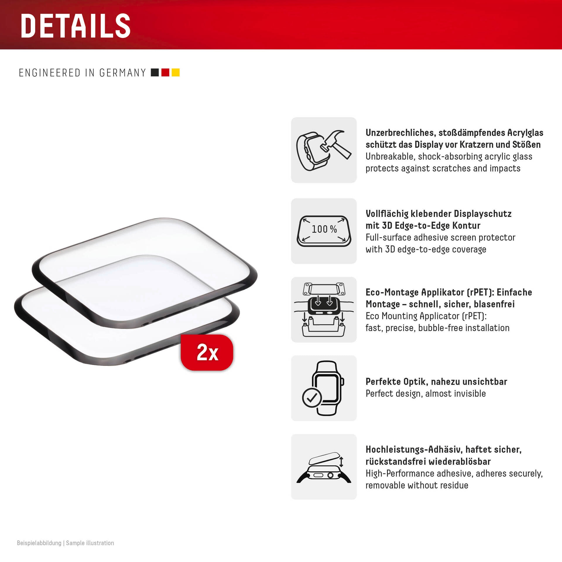 Displex Displayschutzglas »Smartwatch Glass Unbreakable Protector Full Cover«, für Apple Watch SE(2) 40 mm, (Packung, 2x Acrylglas Protector), Displayschutzfolie, Schutzfolie, Bildschirmschutz, kratz- & stoßfest