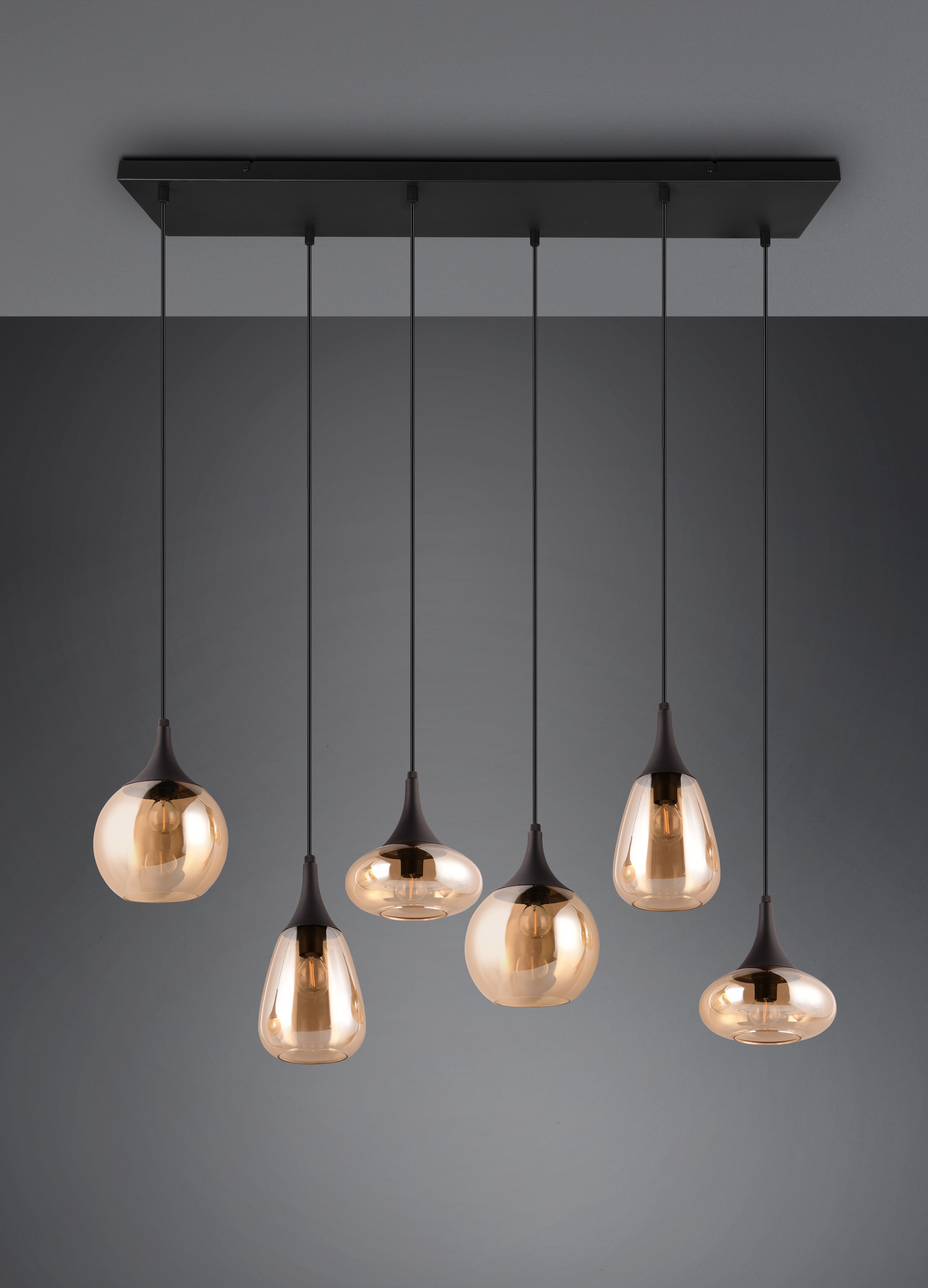 TRIO Leuchten Pendelleuchte »Lumina, E14 Hängelampe 6-flammig Glasschirme in 3 Formen amberfarbig« E14 1 Stk. warmweiß - kaltweiß exkl 6x E14 max 40W, Hängeleuchte höhenverstellbar bis max 150 cm