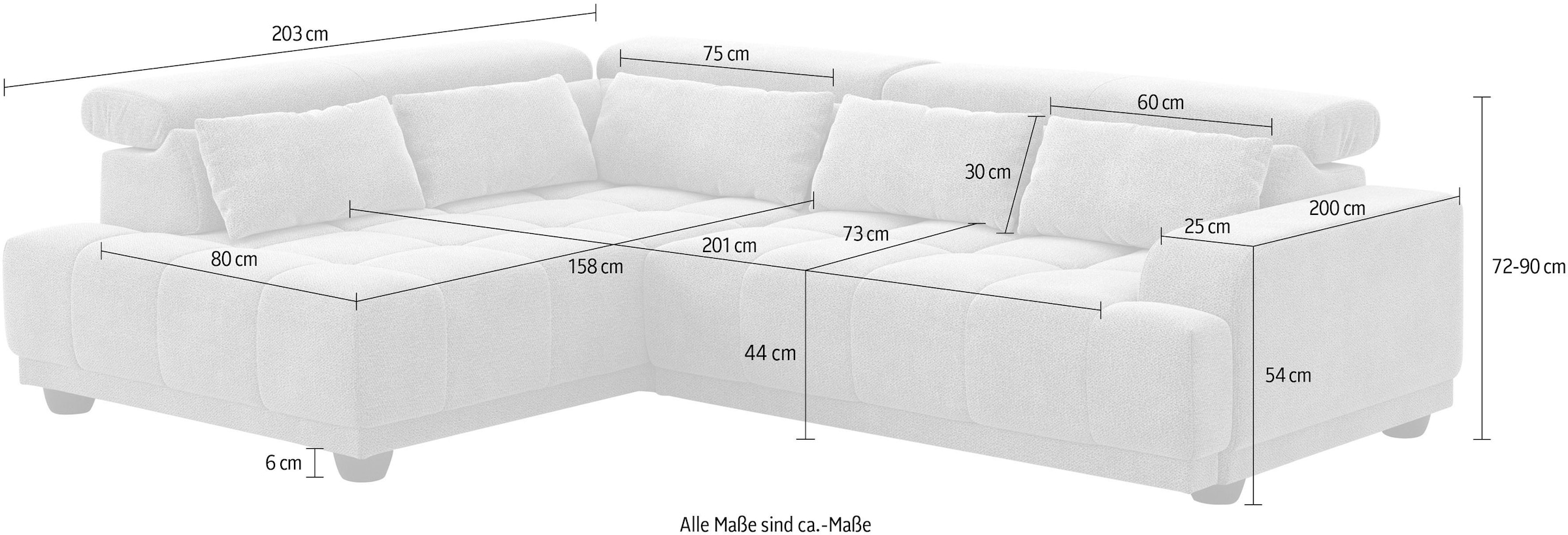 COTTA Ecksofa »Jade - L Form, Sitzbreite 201 cm« inkl. Kopfteilverstellung und Nierenkissen, PUR-Schaumpolsterung