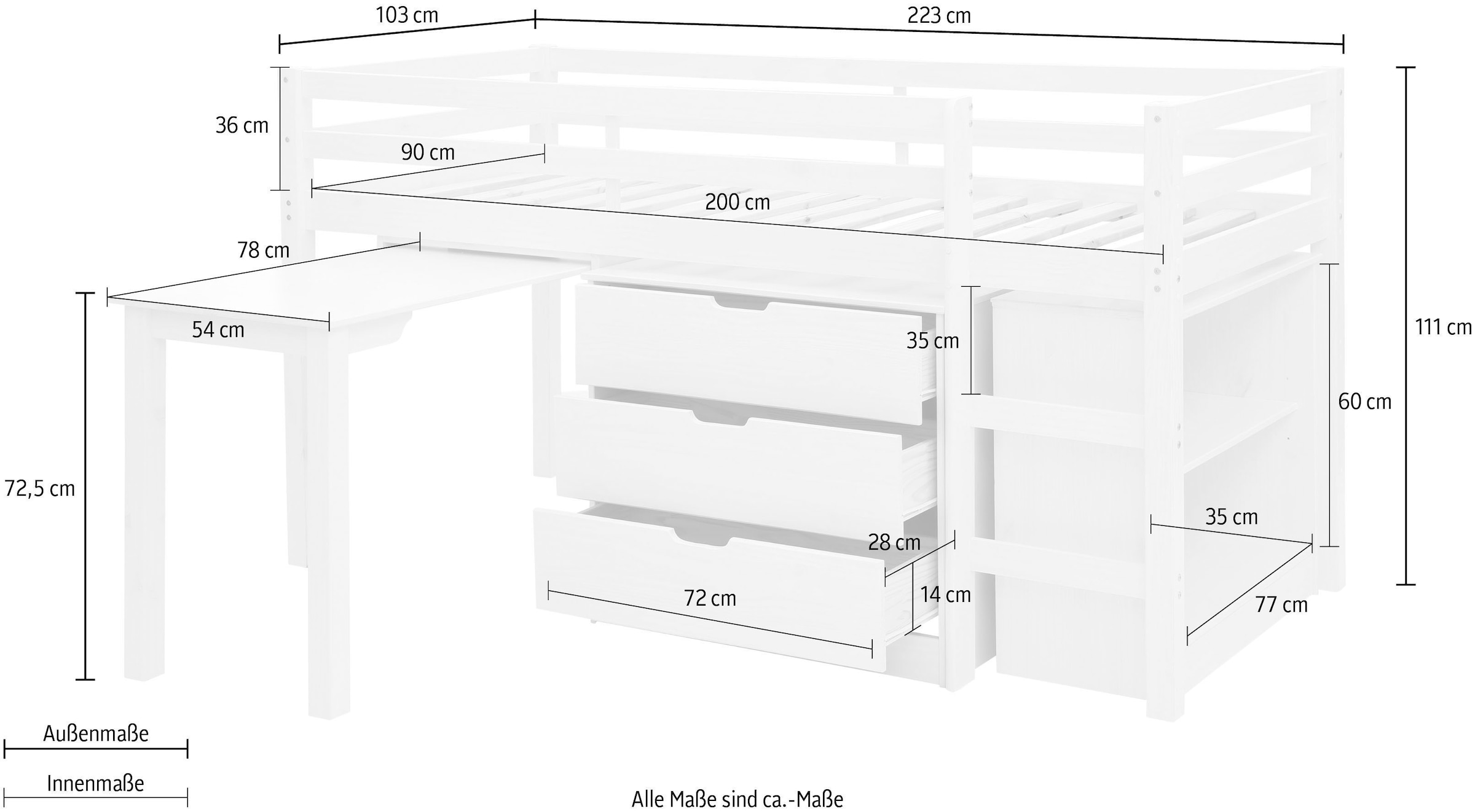 Lüttenhütt Hochbett »Alpi«, Mit Lattenrost, Leiter, Regal, Kommode u. ausziehbarem Schreibtisch