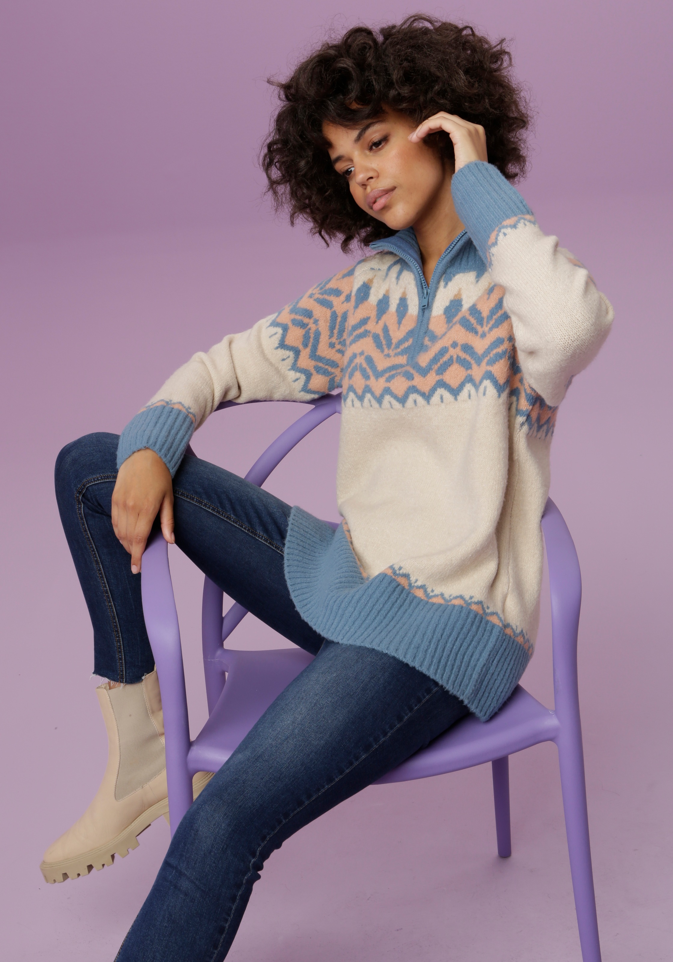 Aniston CASUAL Strickpullover, mit Kragen und Reißverschluss
