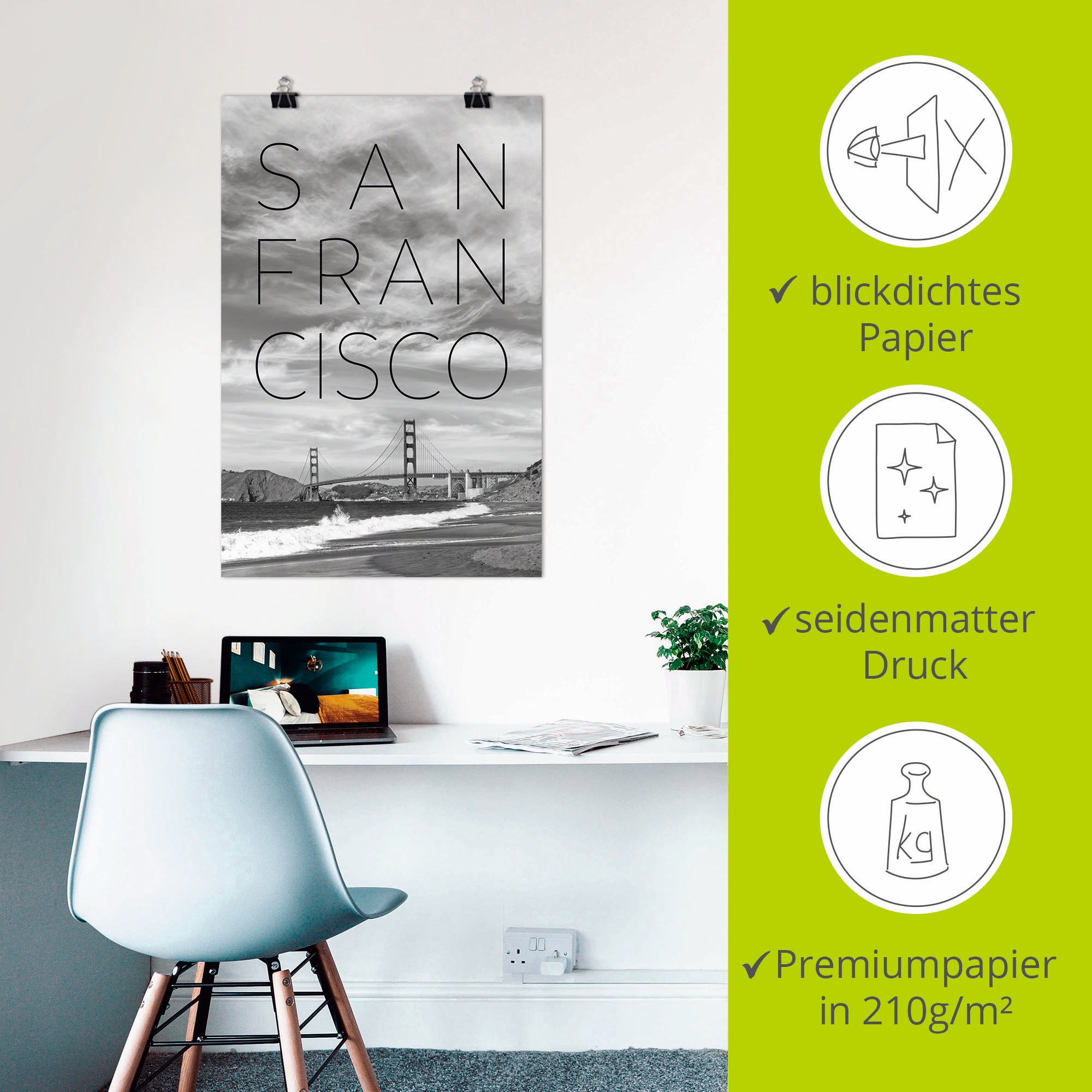 Artland Poster »Golden Gate Bridge & Baker Beach«, San Francisco, (1 St.), als Alubild, Leinwandbild, Wandaufkleber oder Poster in versch. Größen