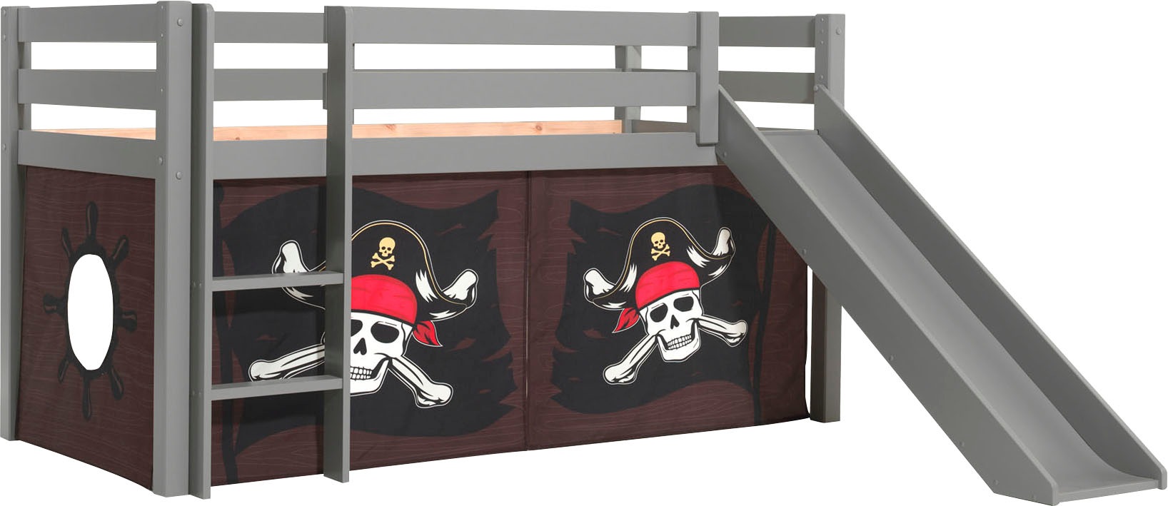 Vipack Spielbett »Pino, Kiefer massiv, mit Rolllattenrost u. Textil-Set, Made in Europe« B/H/T ca. 210x114x218cm, mit Absturzschutz, Leiter und Rutsche,  verschiedene Textil-Designs und Holzfarben zur Wahl