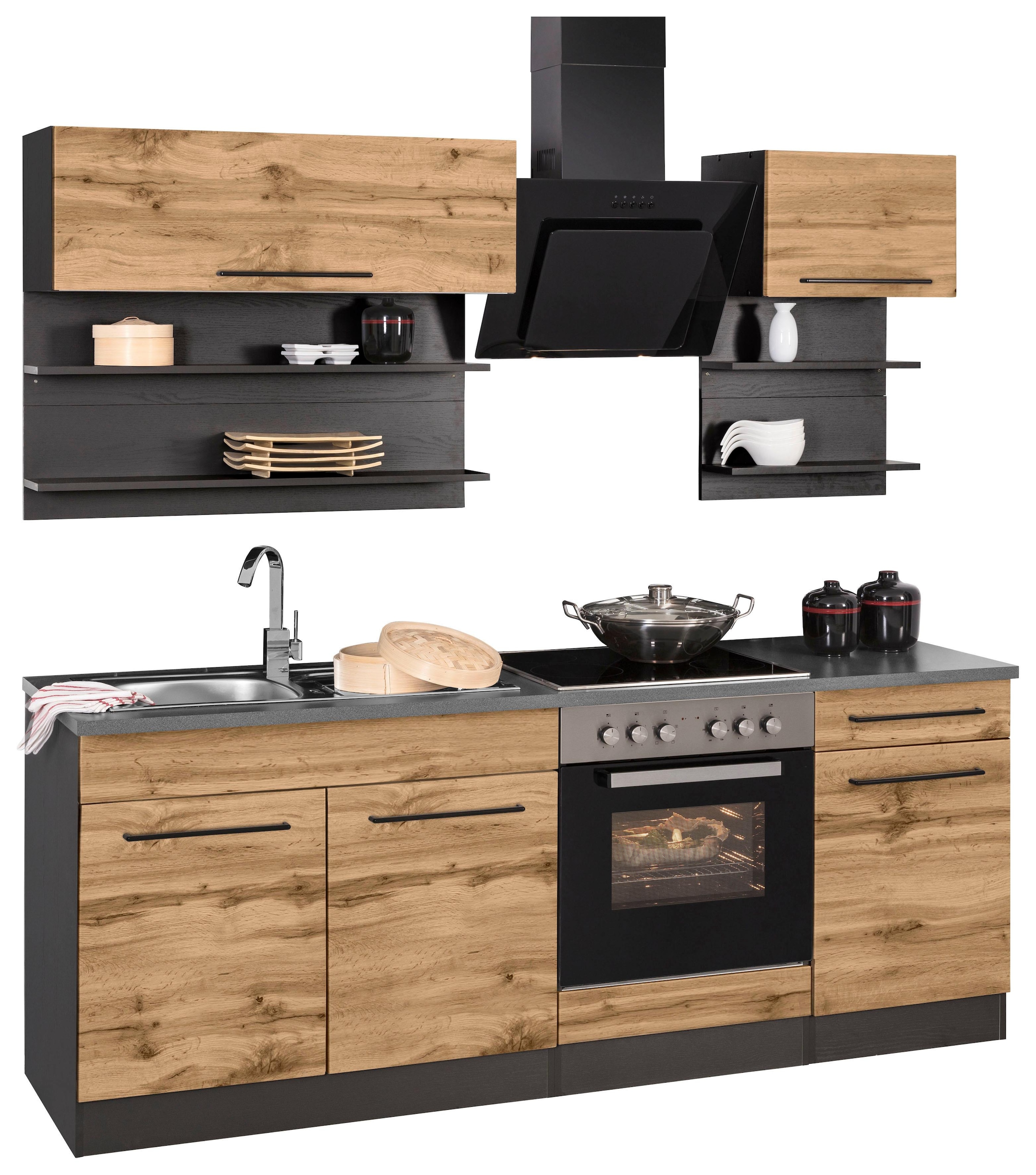 KOCHSTATION Küchenzeile »KS-Tulsa« Breite 210 cm, schwarze Metallgriffe, hochwertige MDF Fronten