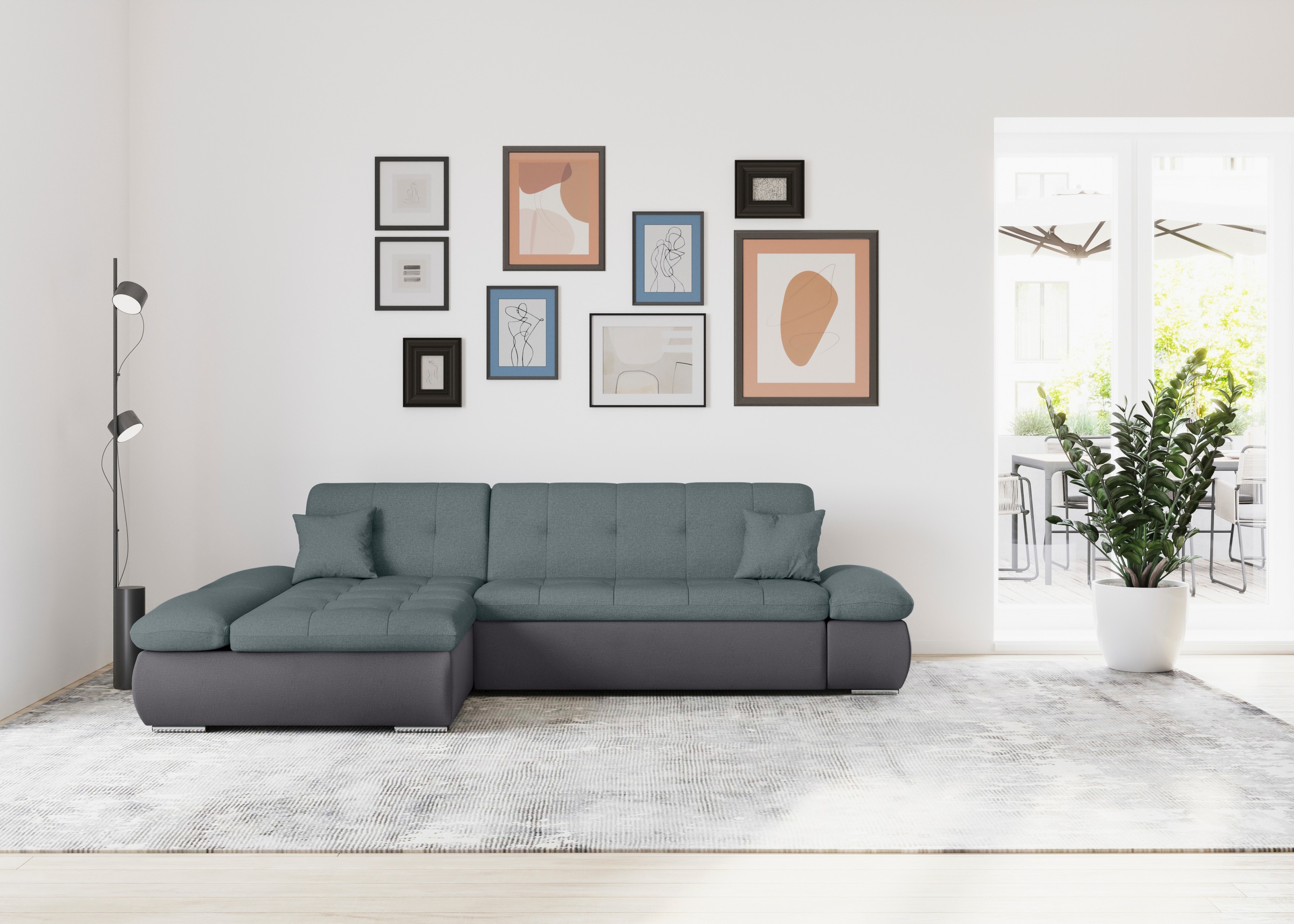 DOMO collection Ecksofa »Moric, L-Form, XXL-Sofa - Breite 300cm«, wahlweise mit Bettfunktion und Armteilverstellung, grau-eisblau