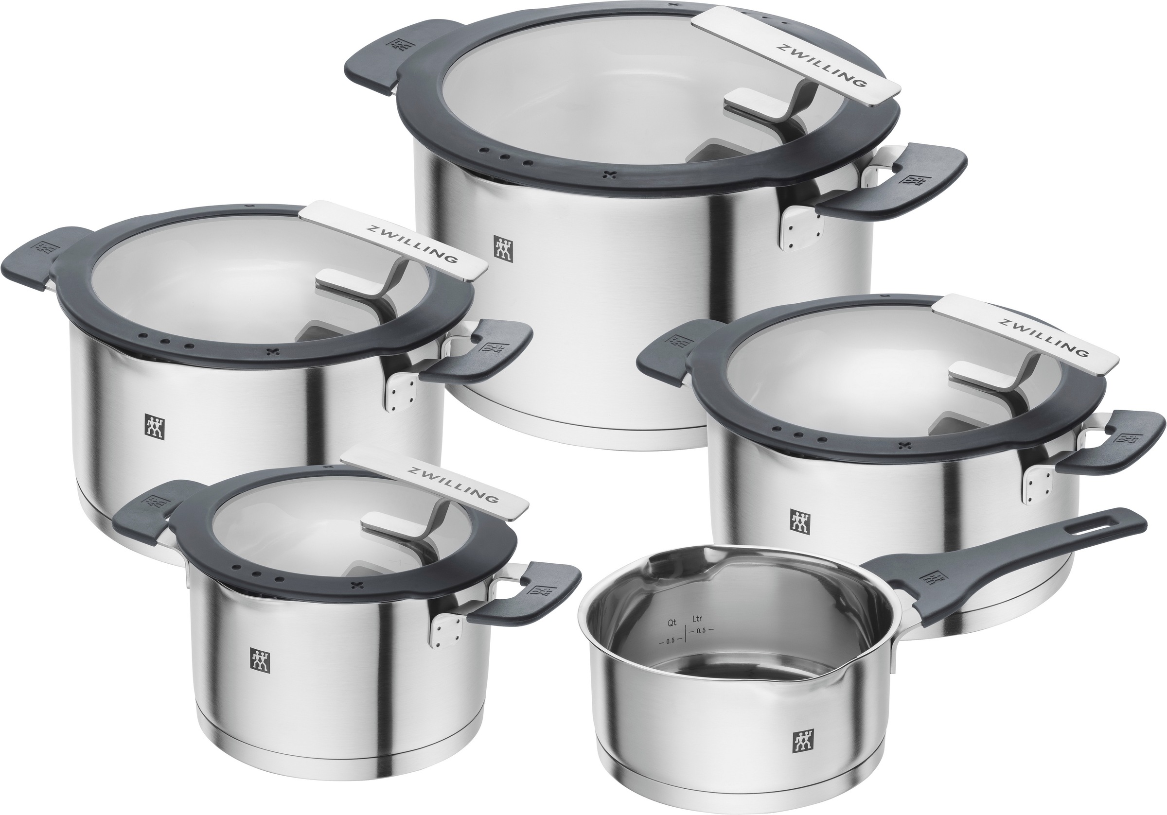 Zwilling Topf-Set »Simplify«, Edelstahl 18/10, (Set, 9 tlg., je 1 Kochtopf Ø 16/20/24 cm, 1 Bratentopf Ø 20 cm, 1 Stieltopf Ø 16 cm), Sandwichboden, Stay-Cool-Griffe, integriertes Sieb, (Glas)Deckelhalter