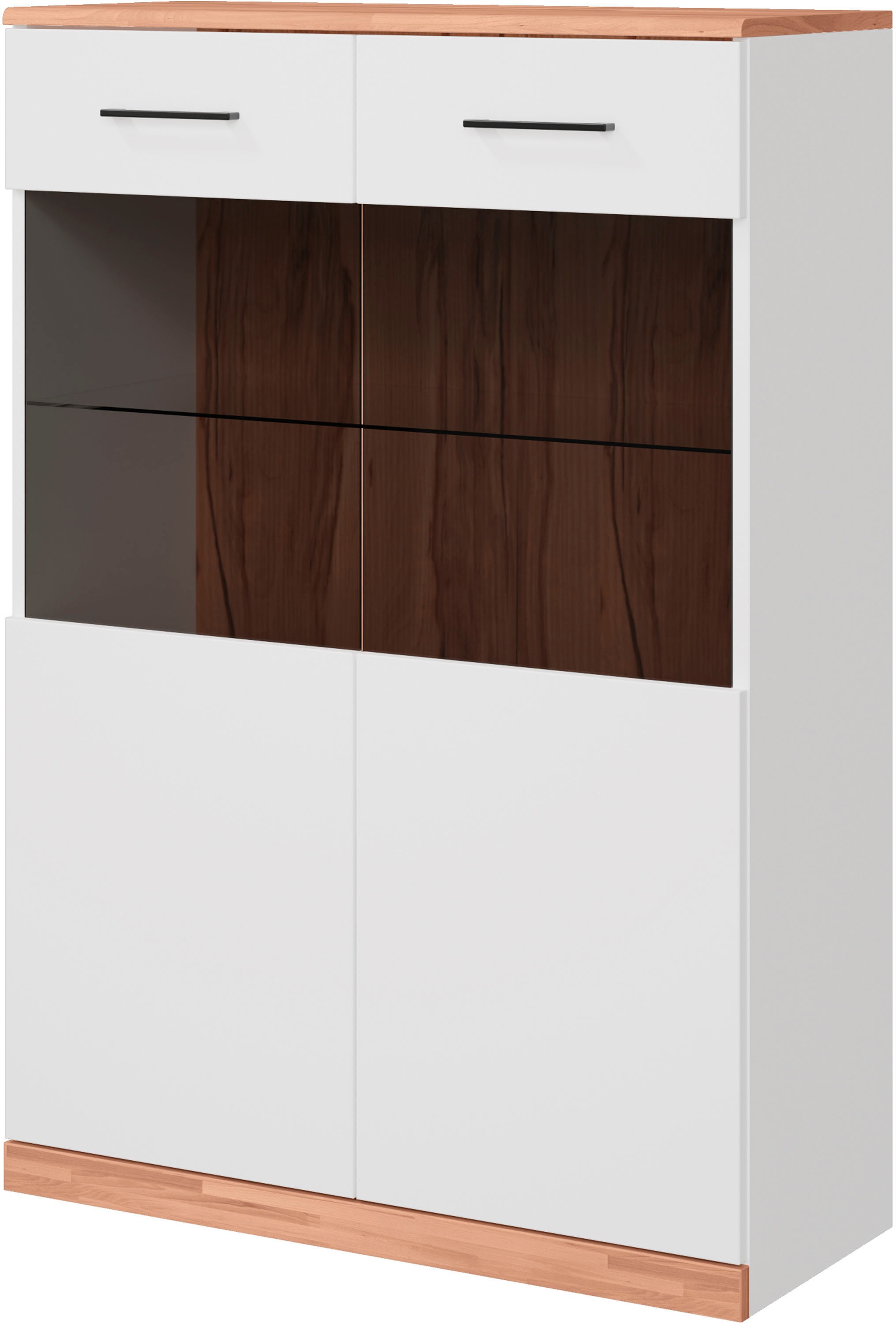 Home affaire Stauraumvitrine »Ribe,125cm hoch,112cm breit,4 breite Fächer«, Oberplatte Kernbuche massiv,dunkles Glas, schwarze Metall Griffe