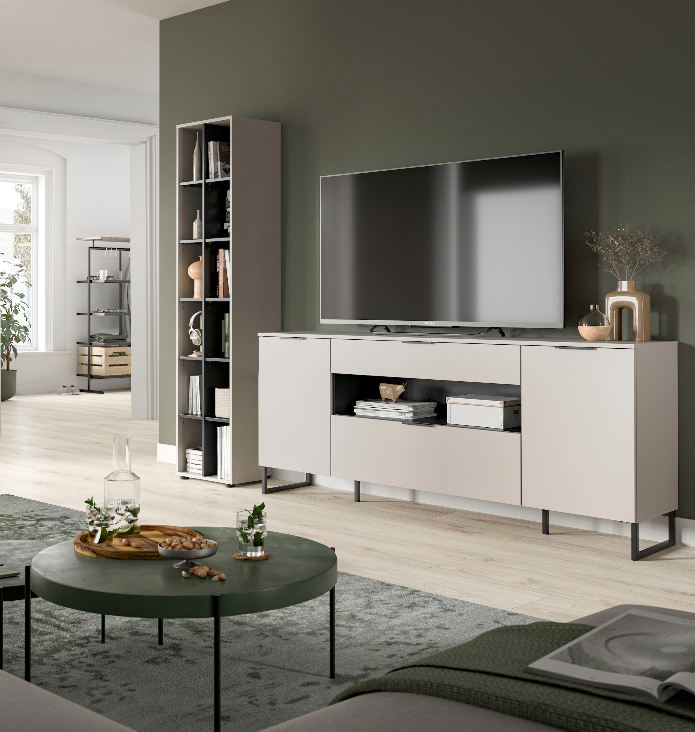 INOSIGN Wohnwand »ADIO, Breite 245 cm, 2-teiliges Set, mit Metall-Kufenfüße« Set, bestehend aus: Standregal und Sideboard, 2 Stk. tlg.