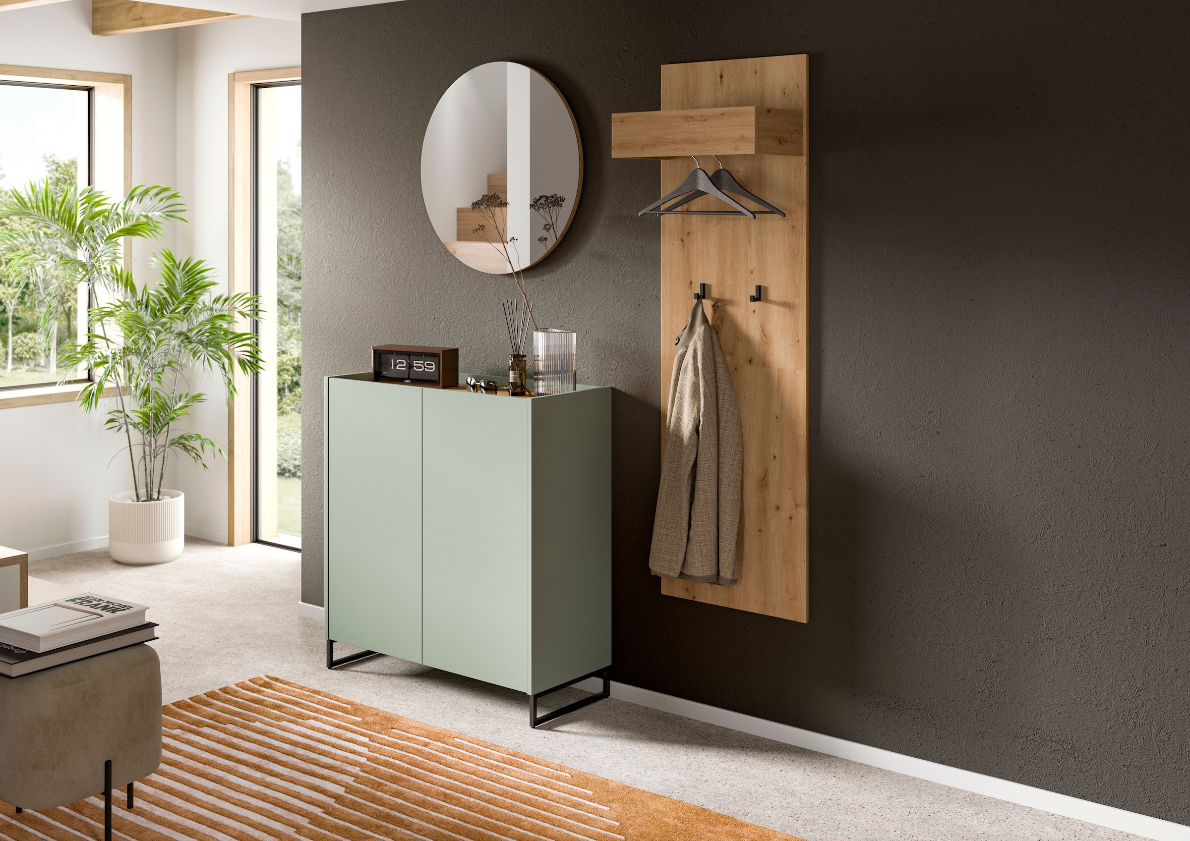 Home affaire Garderoben-Set »EVRID, 3-teilig, Breite 175 cm, individuell stellbar & erweiterbar« best. aus: Kommode, Spiegel & Garderobenpaneel, 3 Stk. tlg.