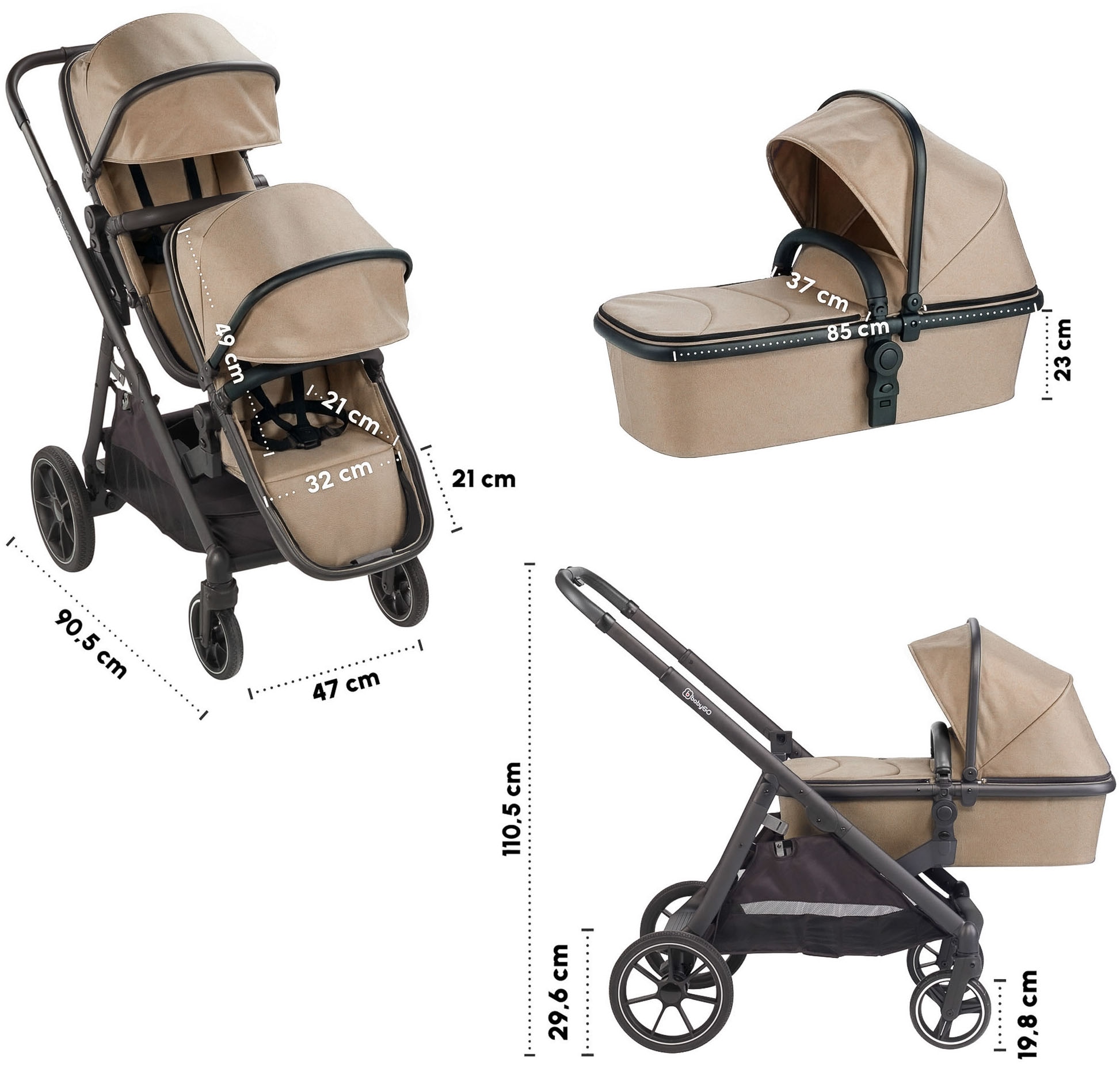 BabyGo Zwillings-Kombikinderwagen »Duo« inkl. Wickeltasche u. 2 Regenhauben