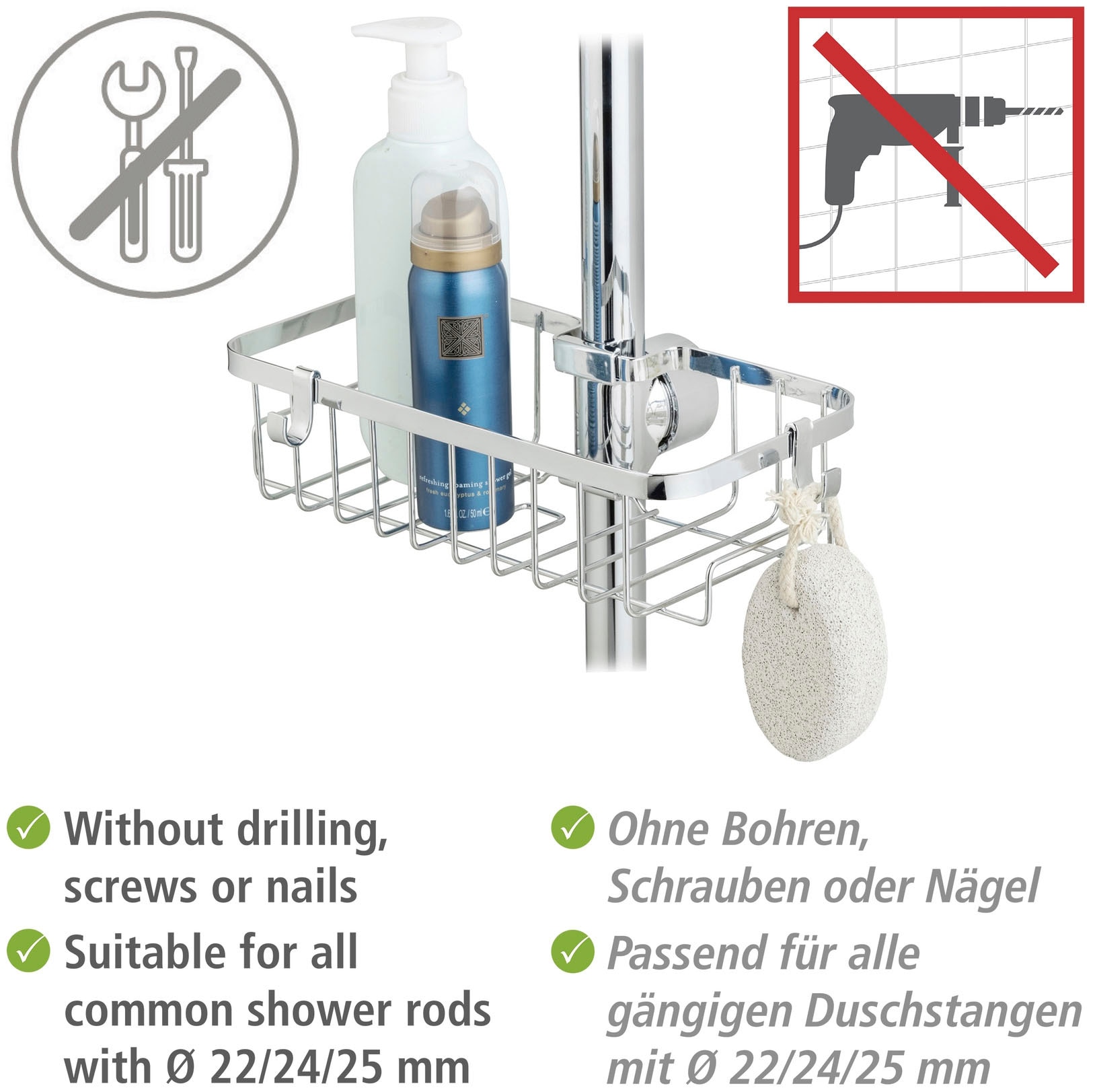 WENKO Duschablage »Duschstangencaddy Floresta Eckig«, Anbringung ohne Bohren und Schrauben