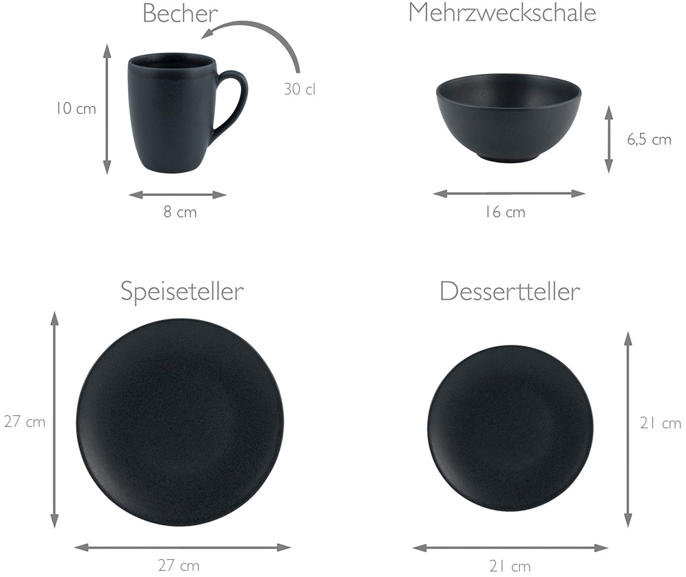 CreaTable Kombiservice »Geschirr-Set Soft Touch Black«, (Set, 16 tlg., Kaffeeservice und Tafelservice im Set, für 4 Personen), Service, schwarz, seidenmatte Glasur, 16 Teile, für 4 Personen