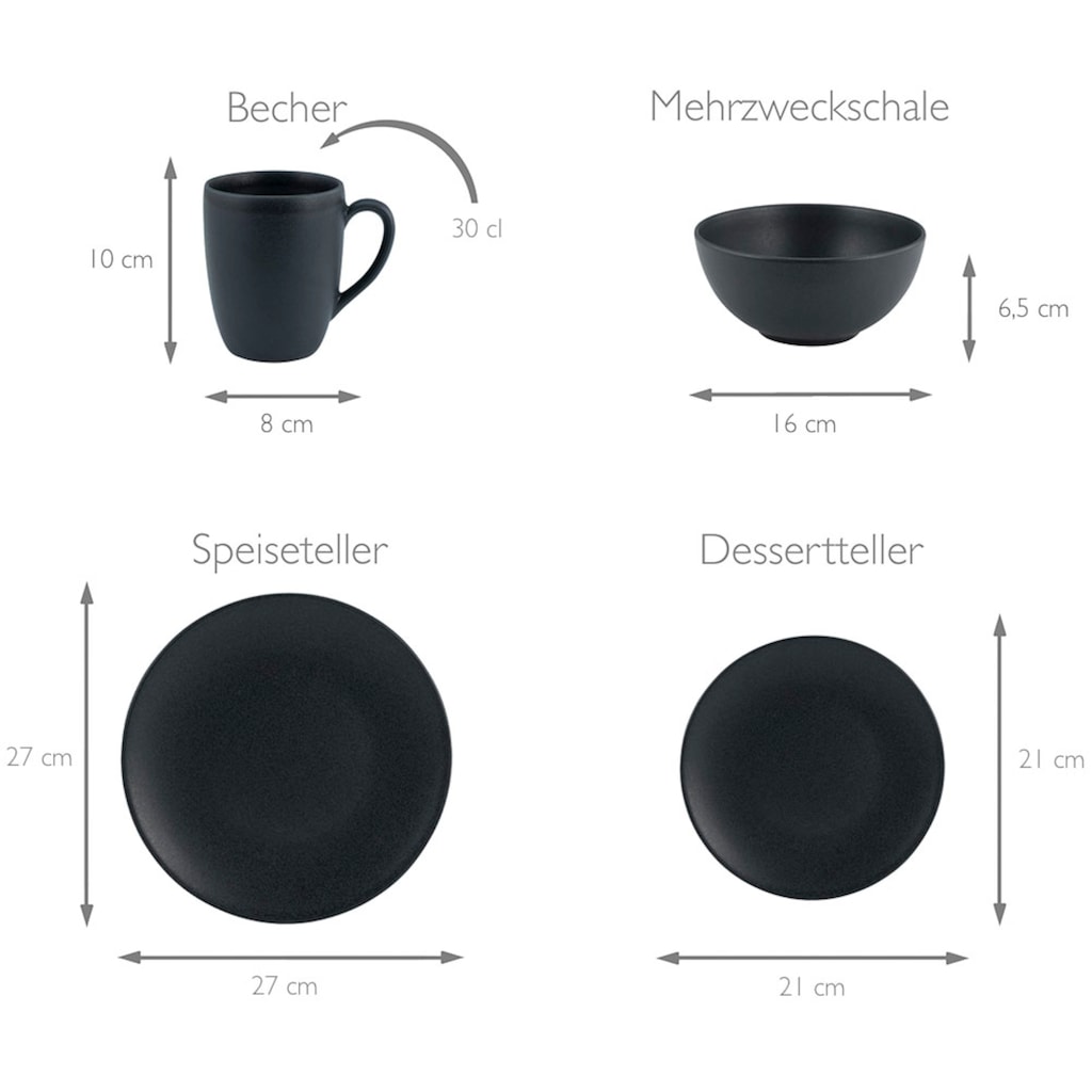 CreaTable Kombiservice »Geschirr-Set Soft Touch Black«, (Set, 16 tlg., Kaffeeservice und Tafelservice im Set, für 4 Personen)
