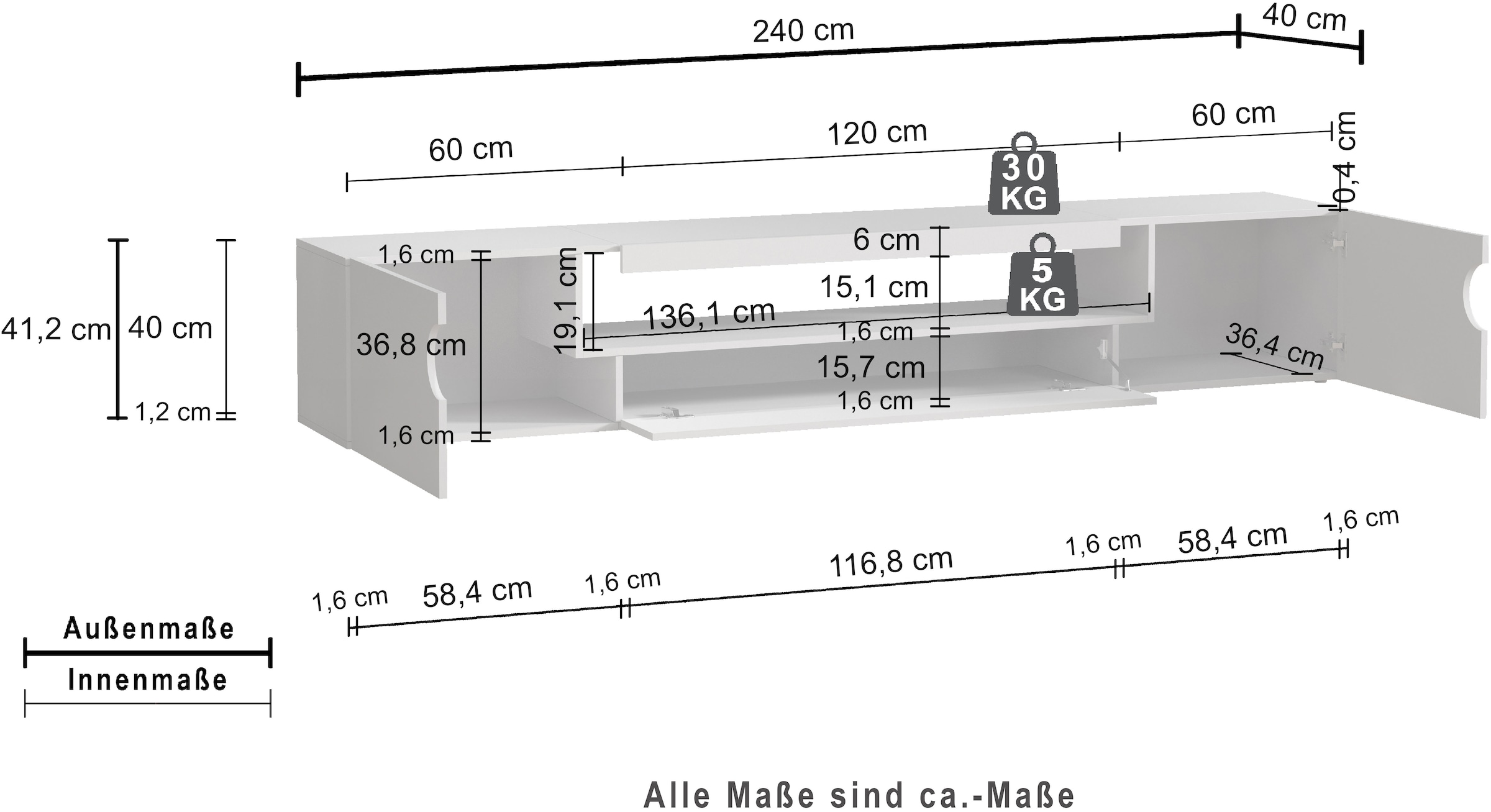 INOSIGN Lowboard »REAL TV-Möbel, 240 cm breit, 40/60 cm hoch, Hochglanz oder matt« mit 2 abgerundeten Türen, 1 Klappe, die ein ovales offenes Fach bilden