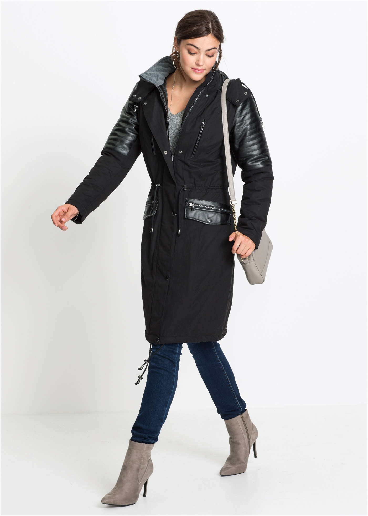 bonprix Langjacke mit Kapuze Long-Parka mit Lederimitateinsatz