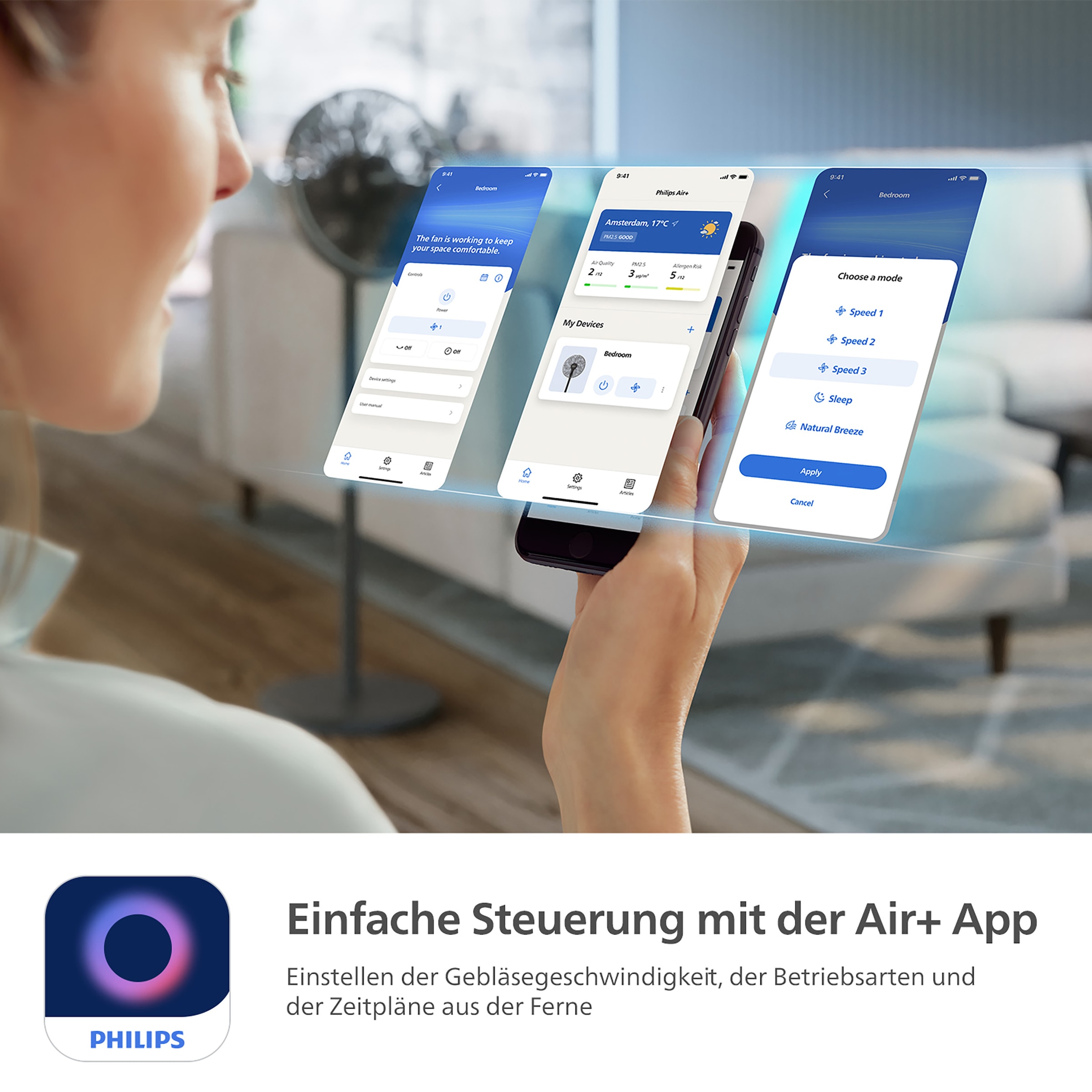 Philips Standventilator »CX3550/01 Serie 3000, mit extrem leiser SilentWings-Technologie, 23 dB«, 2-in-1-Tisch- & Standventilator, neig- & drehbar, mit App-Steuerung