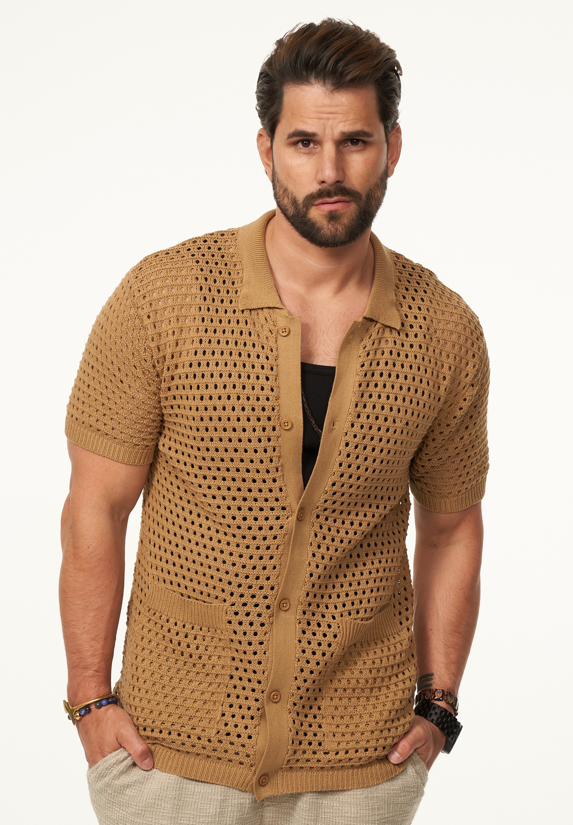 SOULSTAR Poloshirt »Kurzarm Strickhemd im Cardigan Stil mit Knopfleiste für Herren« Herren Kurzarm Strick Polo-Hemd Cardigan T-Shirt