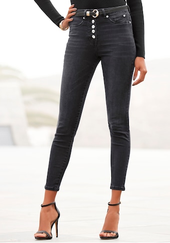 High-waist-Jeans, mit modischer Knopfleiste