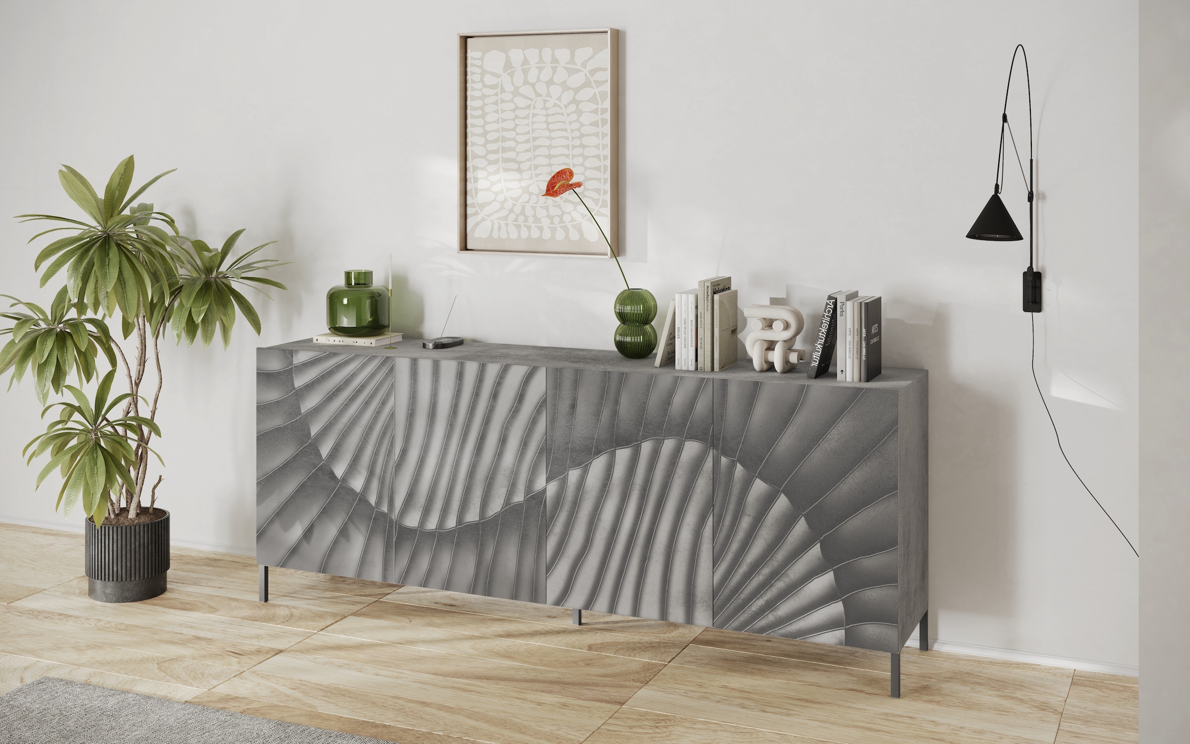 INOSIGN Sideboard »Snake, Kommode, Anrichte, Stauraummöbel Breite 241 cm, Siebdruck-Front« moderne Wohnmöbel, 4 Türen, viel Stauraum, stilvoll und funktional