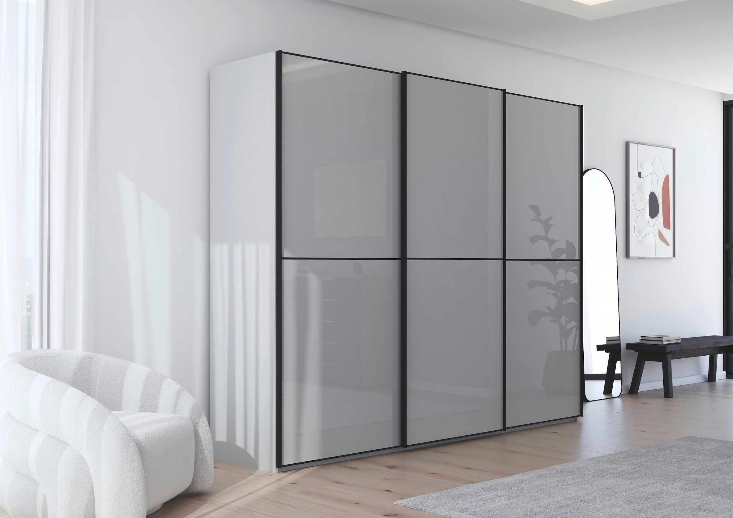 rauch Schwebetürenschrank »Kleiderschrank Schrank Garderobe Schlafzimmerschrank SCALE-DUO«, edle zweigeteilte Türen Glas-Front mit 3 Zierleisten MADE IN GERMANY